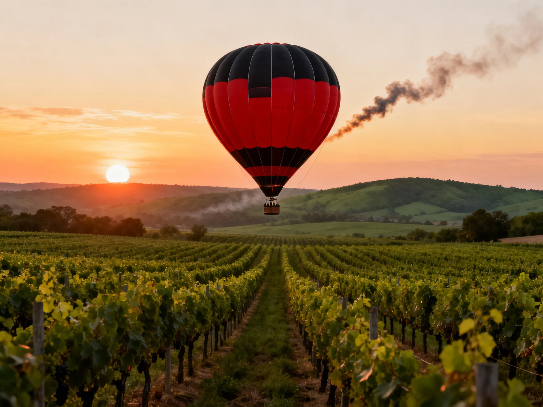 Red and black hot air balloon floating over vineyard at sunset
