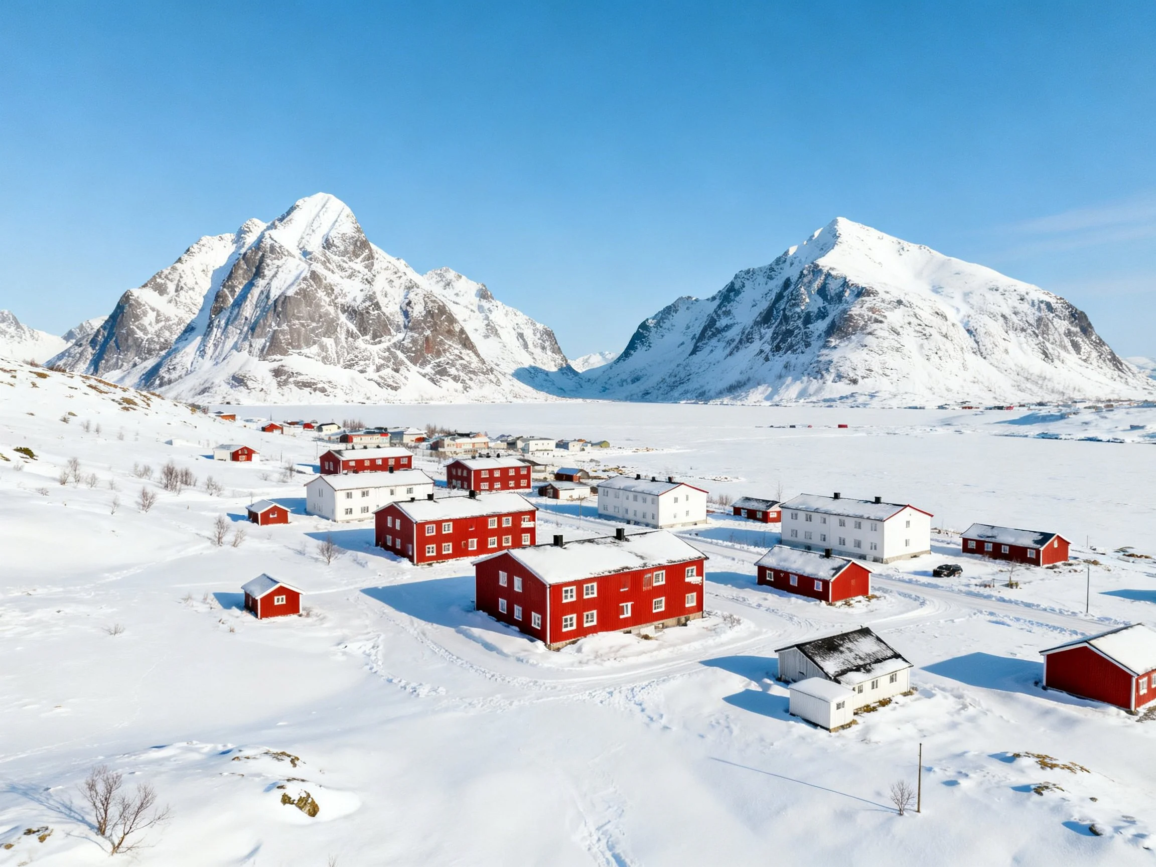 Red and white buildings in snowy valley beside massive snow - capped mountains
