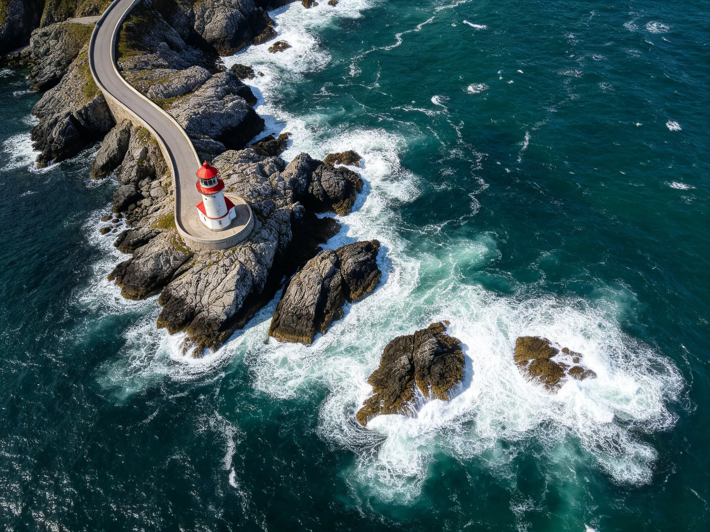 Red-and-white lighthouse on rugged coastal rocks with winding path