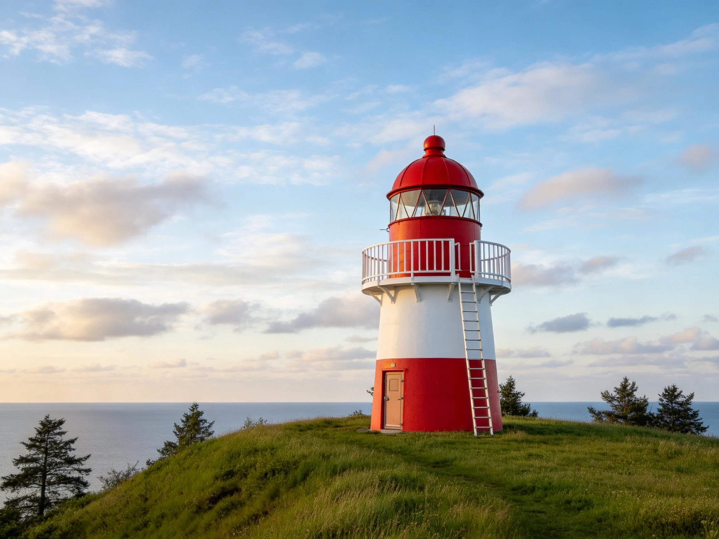 Red and white striped lighthouse atop a grassy coastal hill