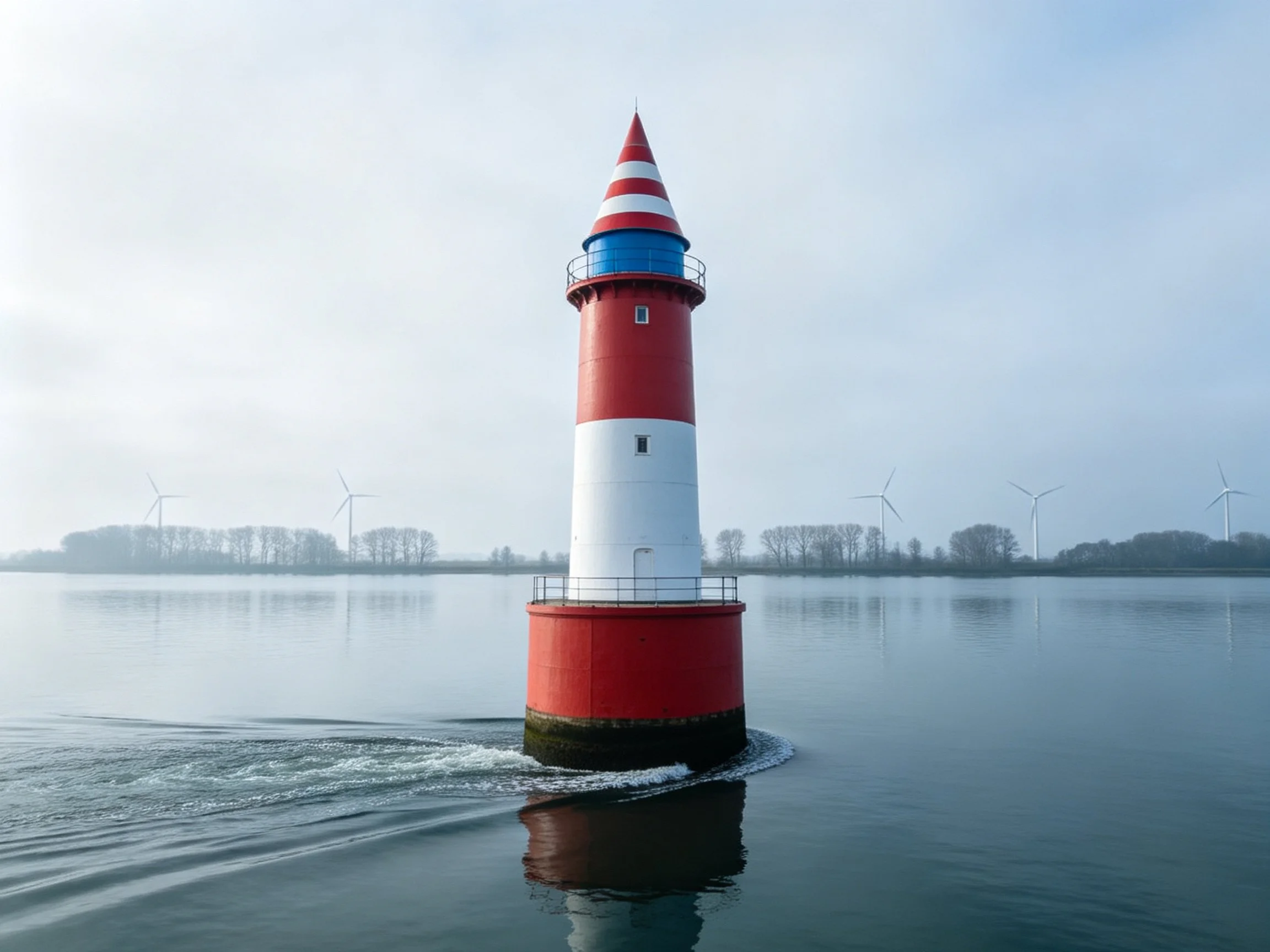 Red and white striped lighthouse in calm water with distant wind turbines