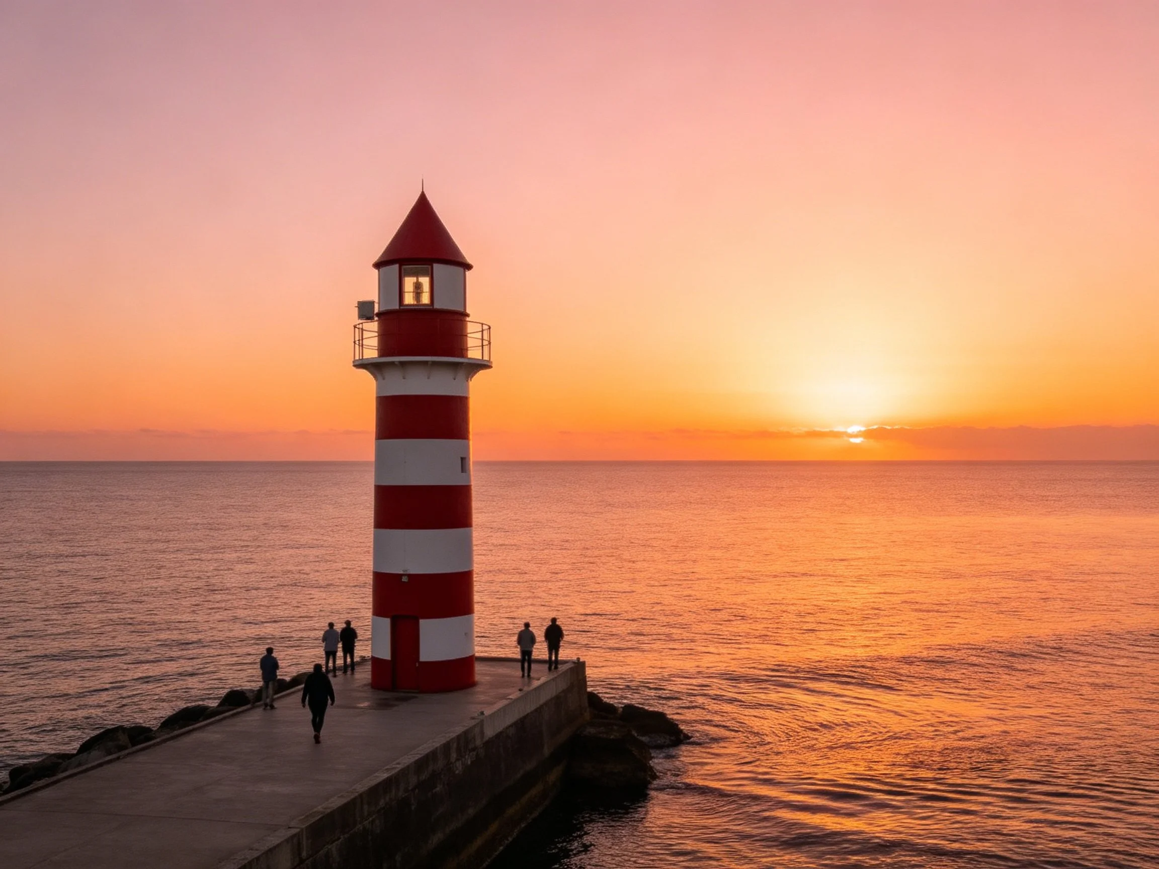 Red and white striped lighthouse on coastal pier at sunset