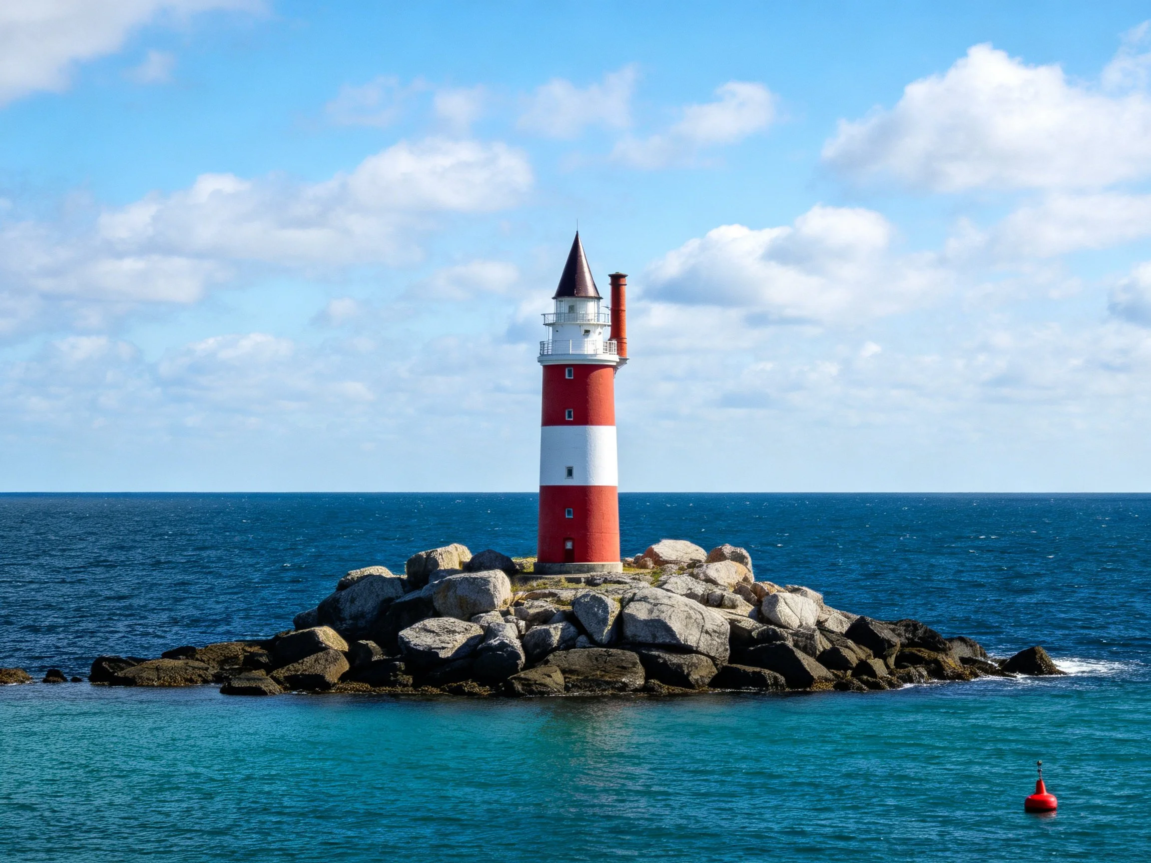 Red and white striped lighthouse on rocky coastal outcrop