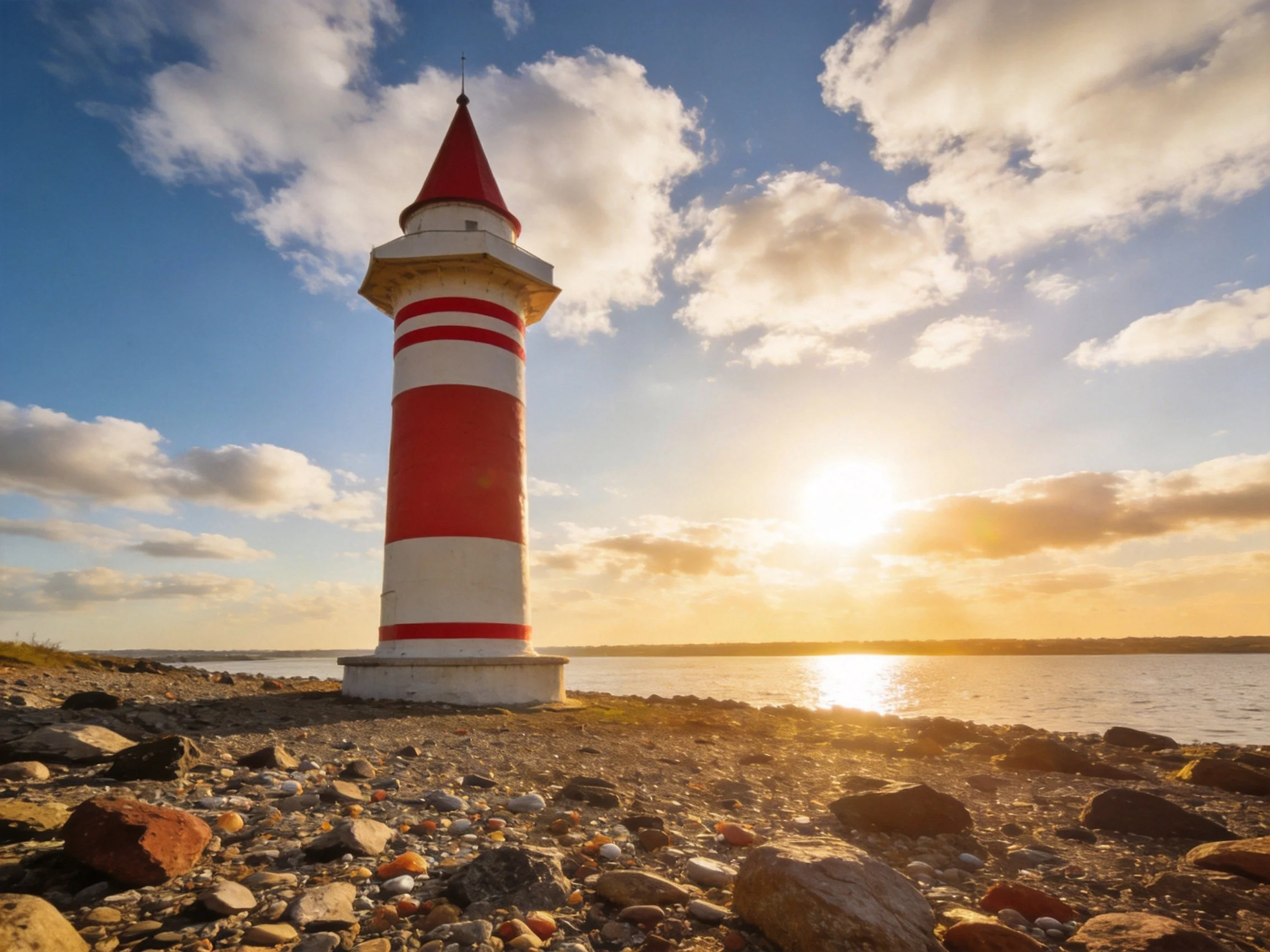 Red and white striped lighthouse on rocky shoreline at sunset