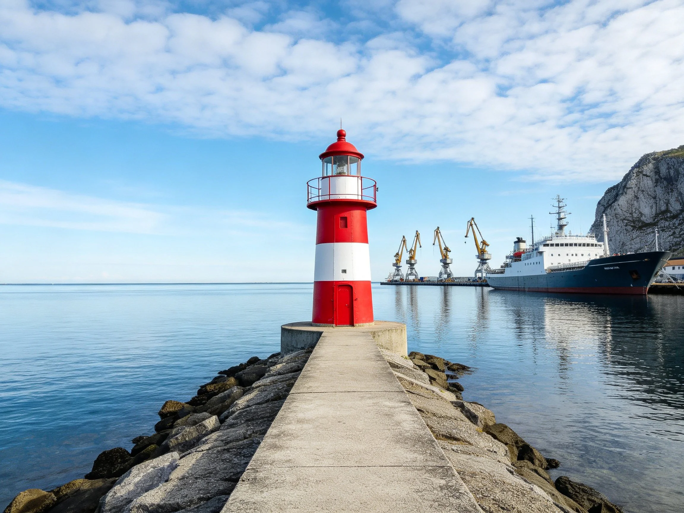 Red and white striped lighthouse on stone pier near industrial port