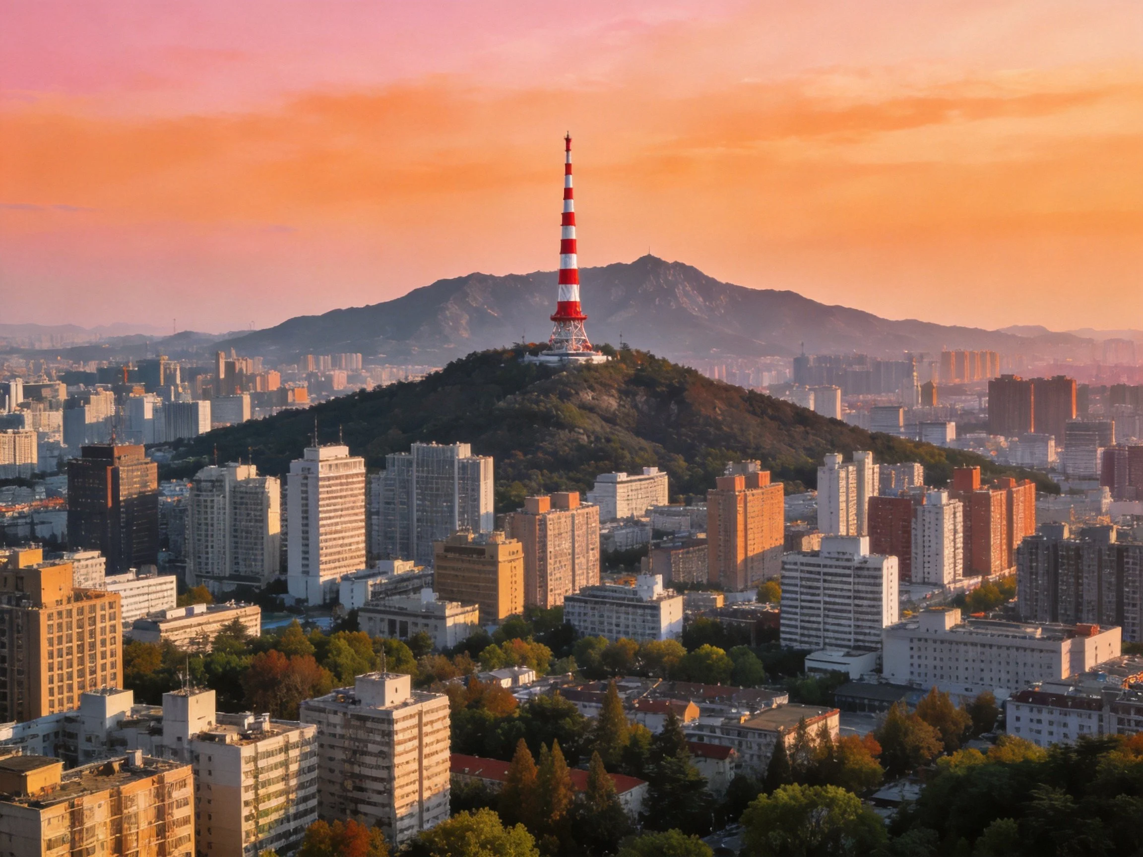 Red and white tower overlooks sprawling city and distant mountains at sunset