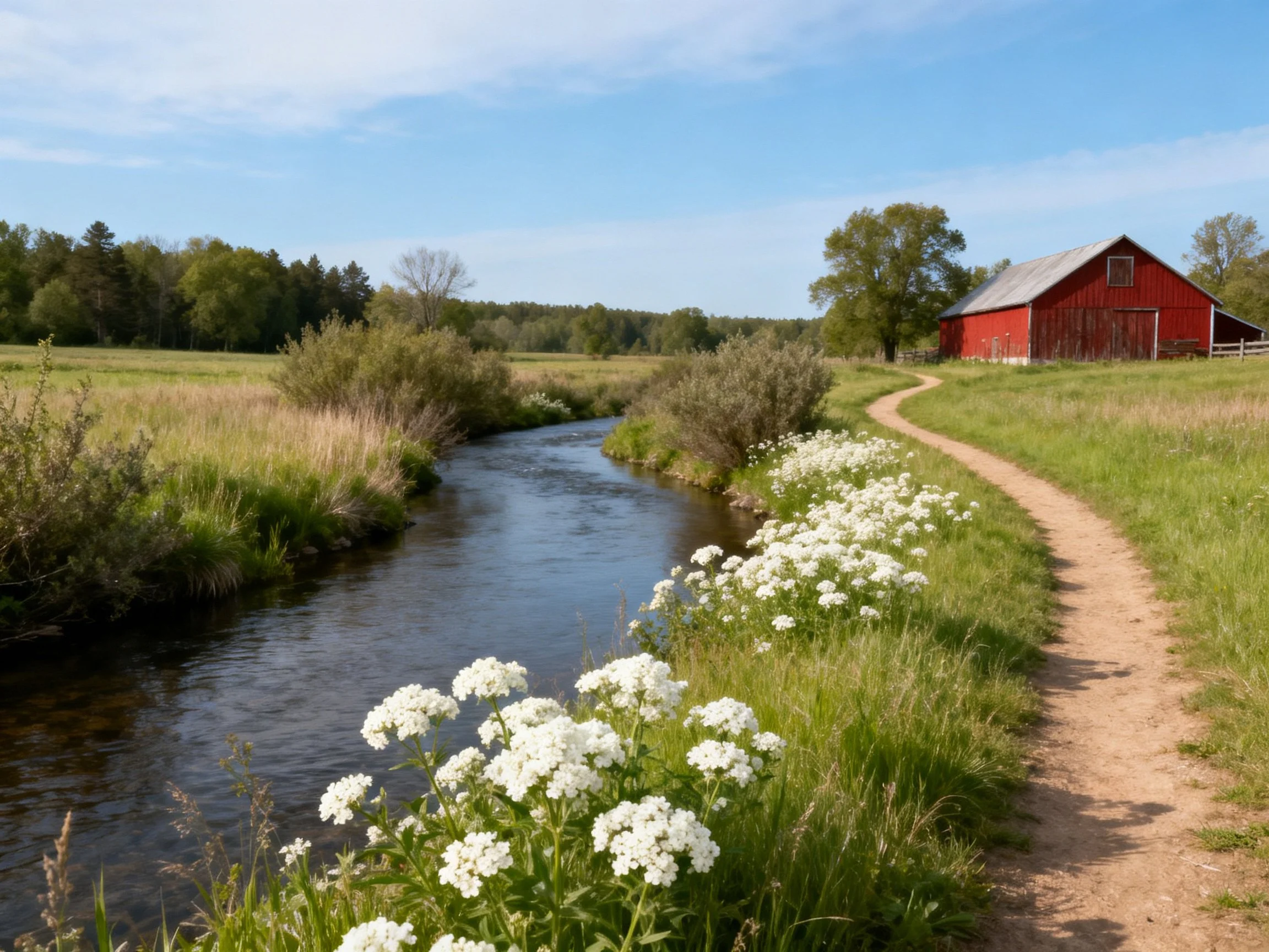 Red barn beside a winding stream with white wildflowers