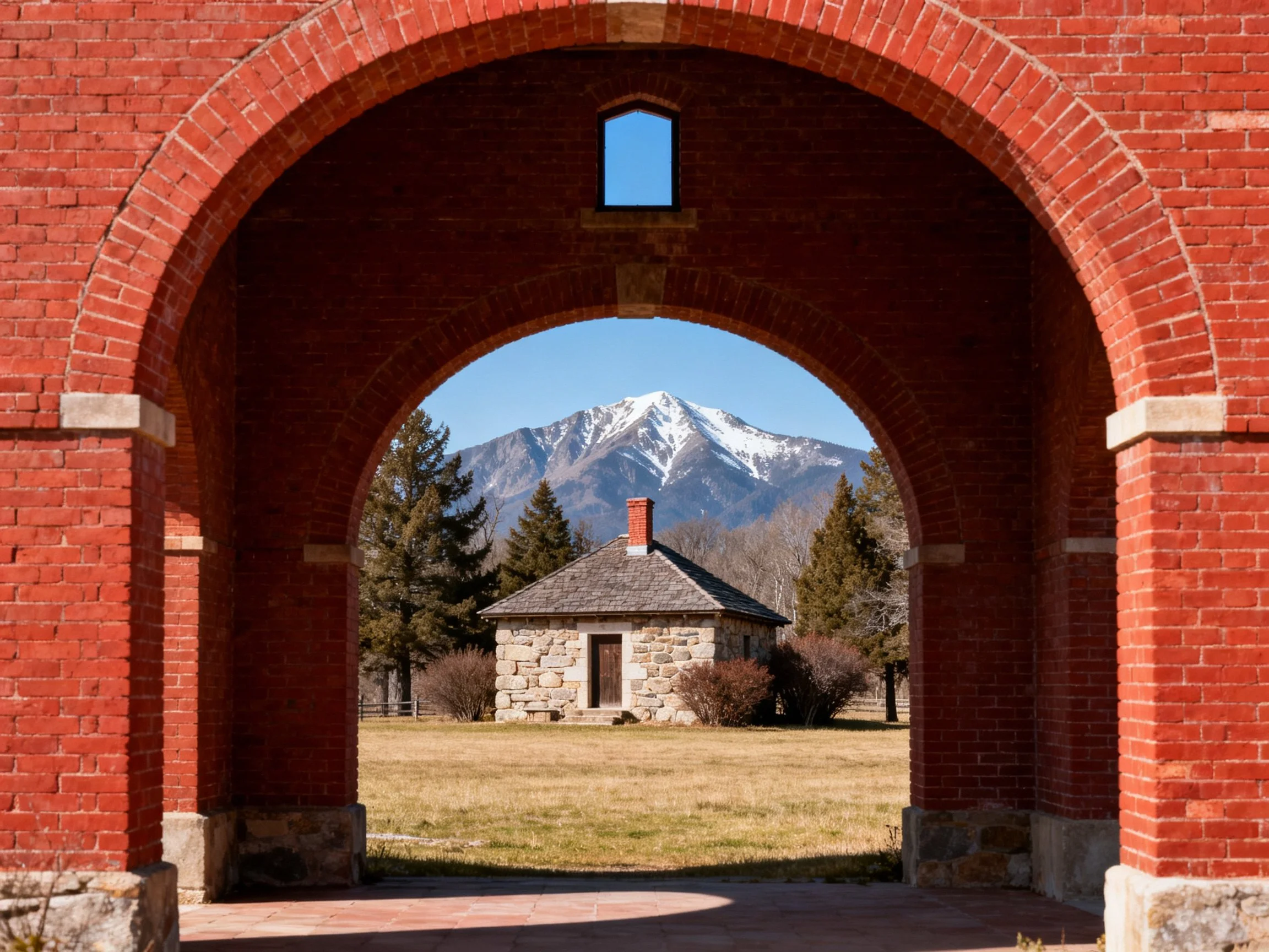 Red brick archway frames stone house with snow-capped mountain