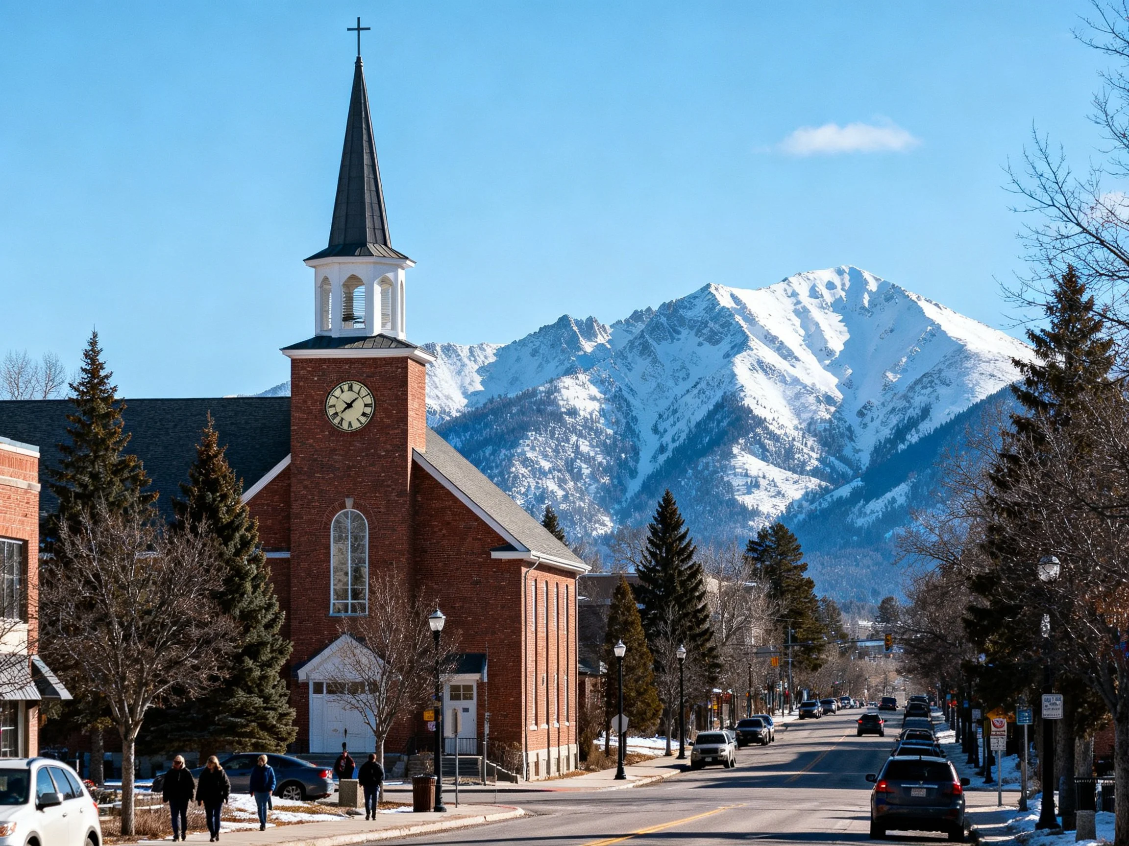 Red-brick church with clock tower near snow-capped mountains