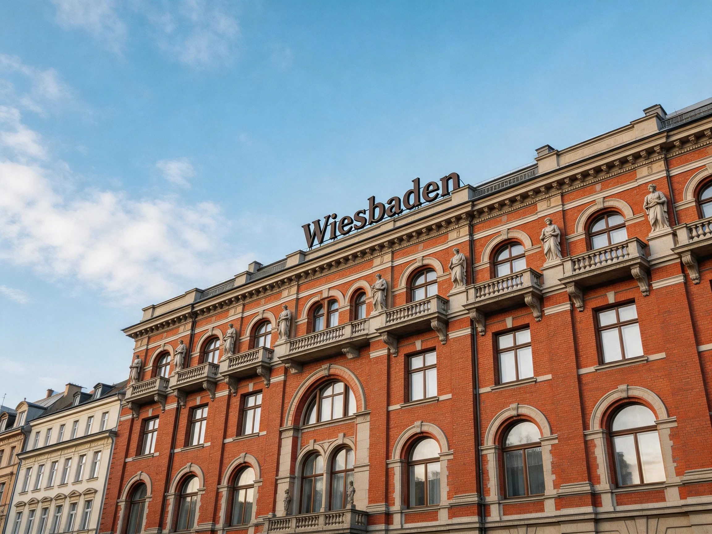 Red-brick historic building with Wiesbaden signage and ornate details