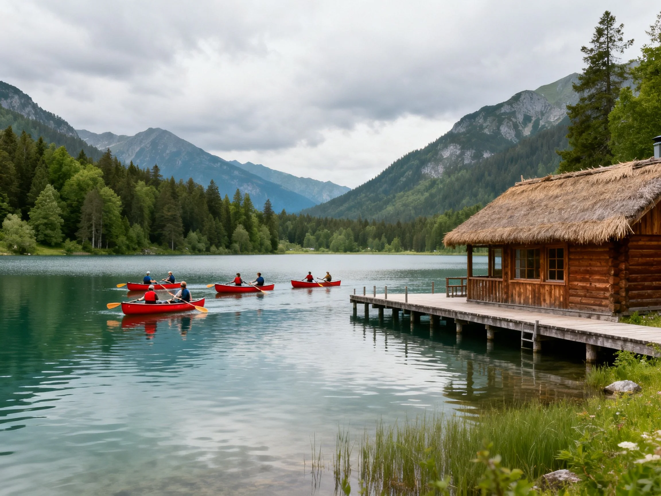 Red canoes float near a thatched log cabin by mountainous lake