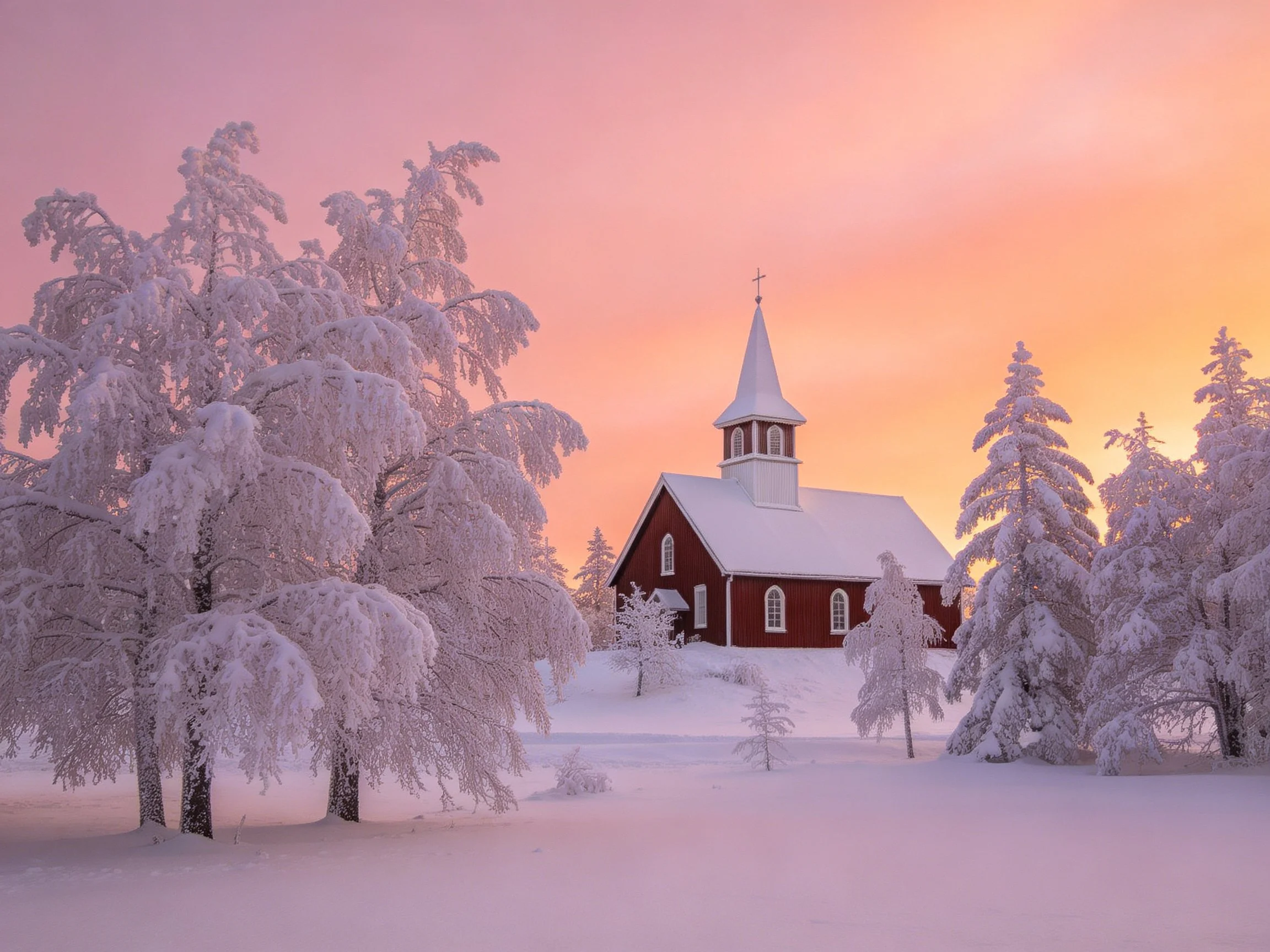 Red church with snow-covered trees under pink-orange twilight sky