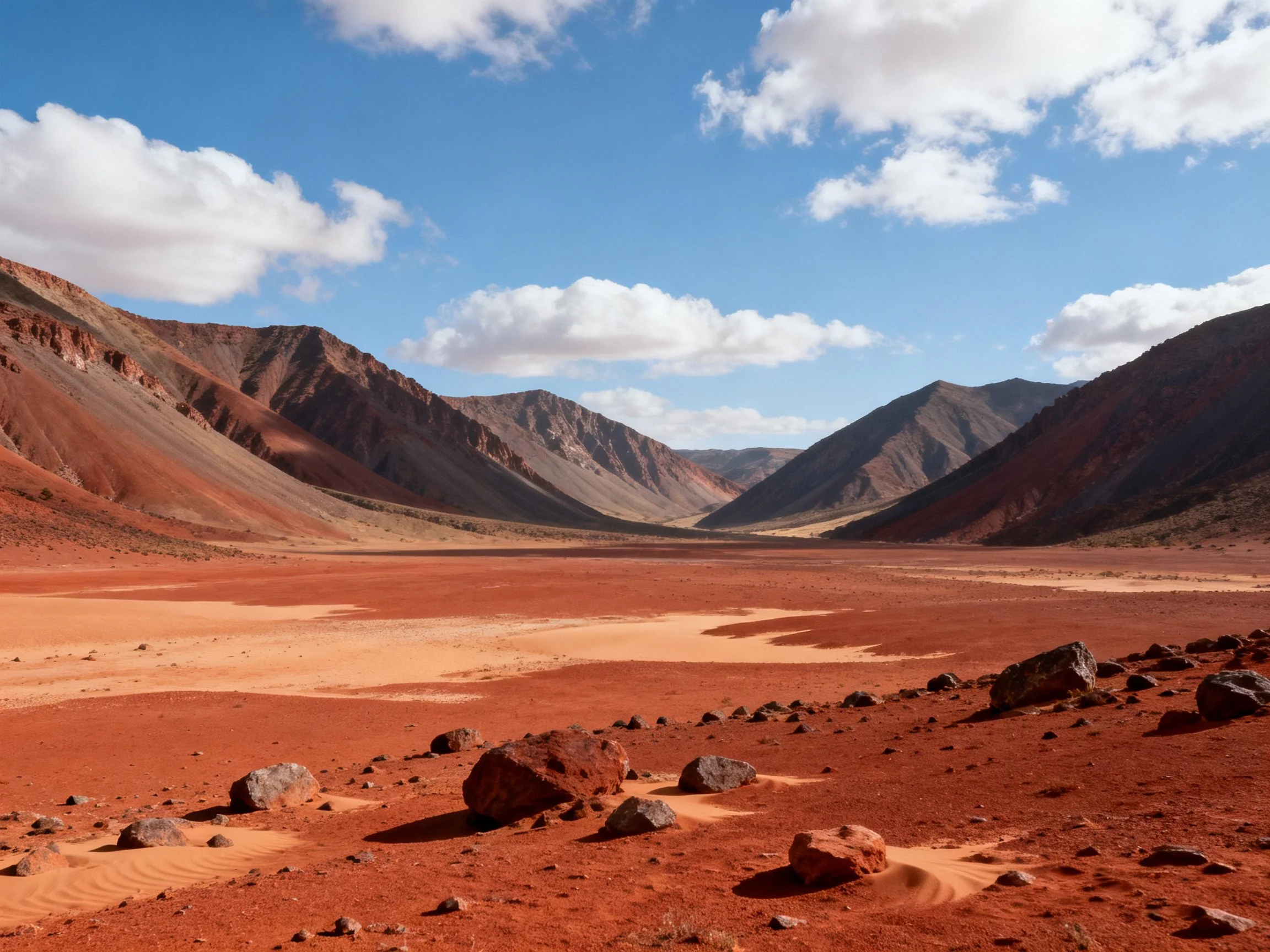 Red-hued Desert Valley with Rocky Terrain and Mountainous Peaks