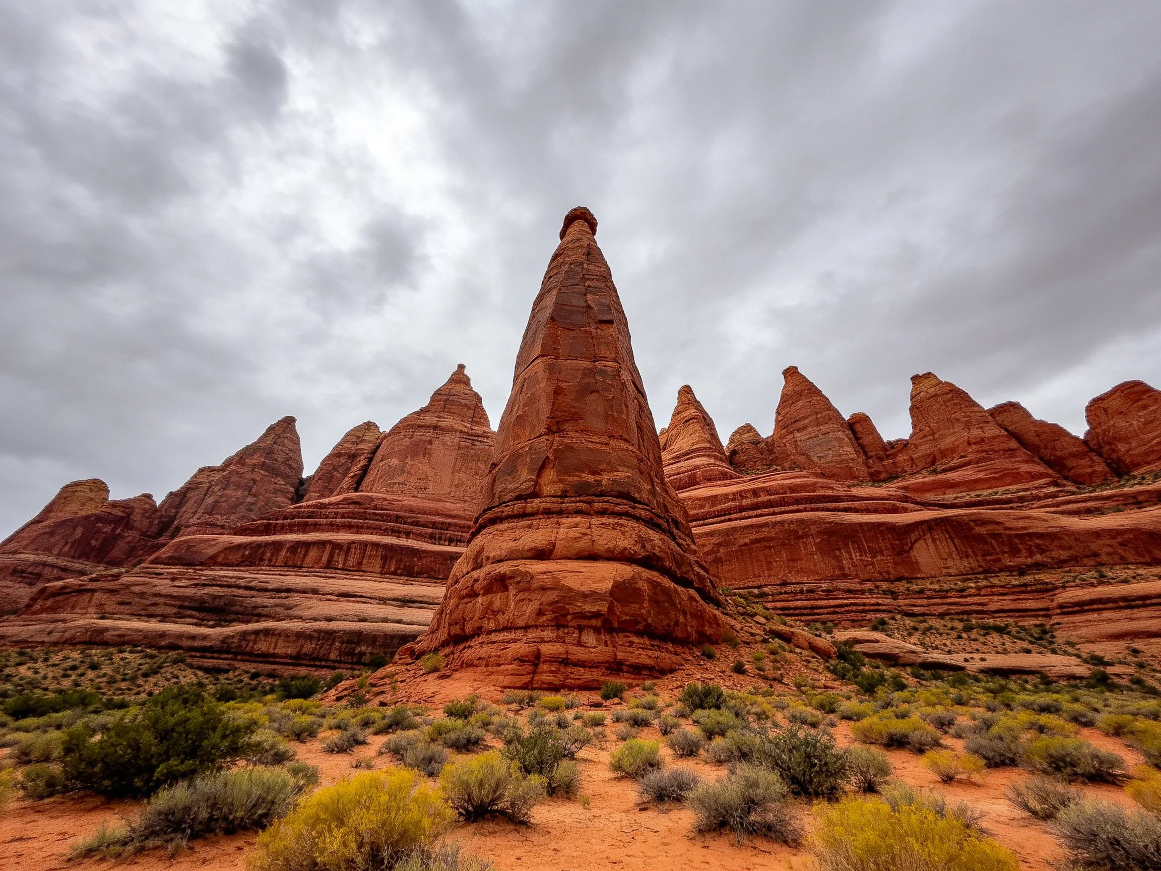 Red-hued rock formations tower above desert shrubbery under stormy skies
