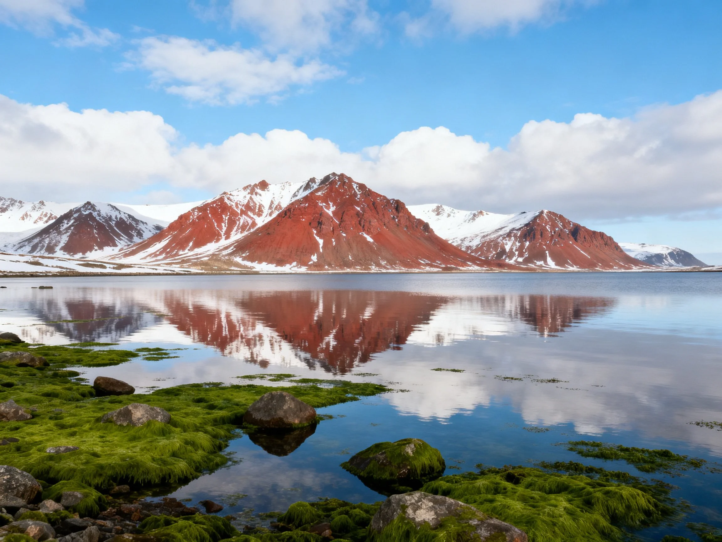 Red mountains reflect in calm lake with mossy shore