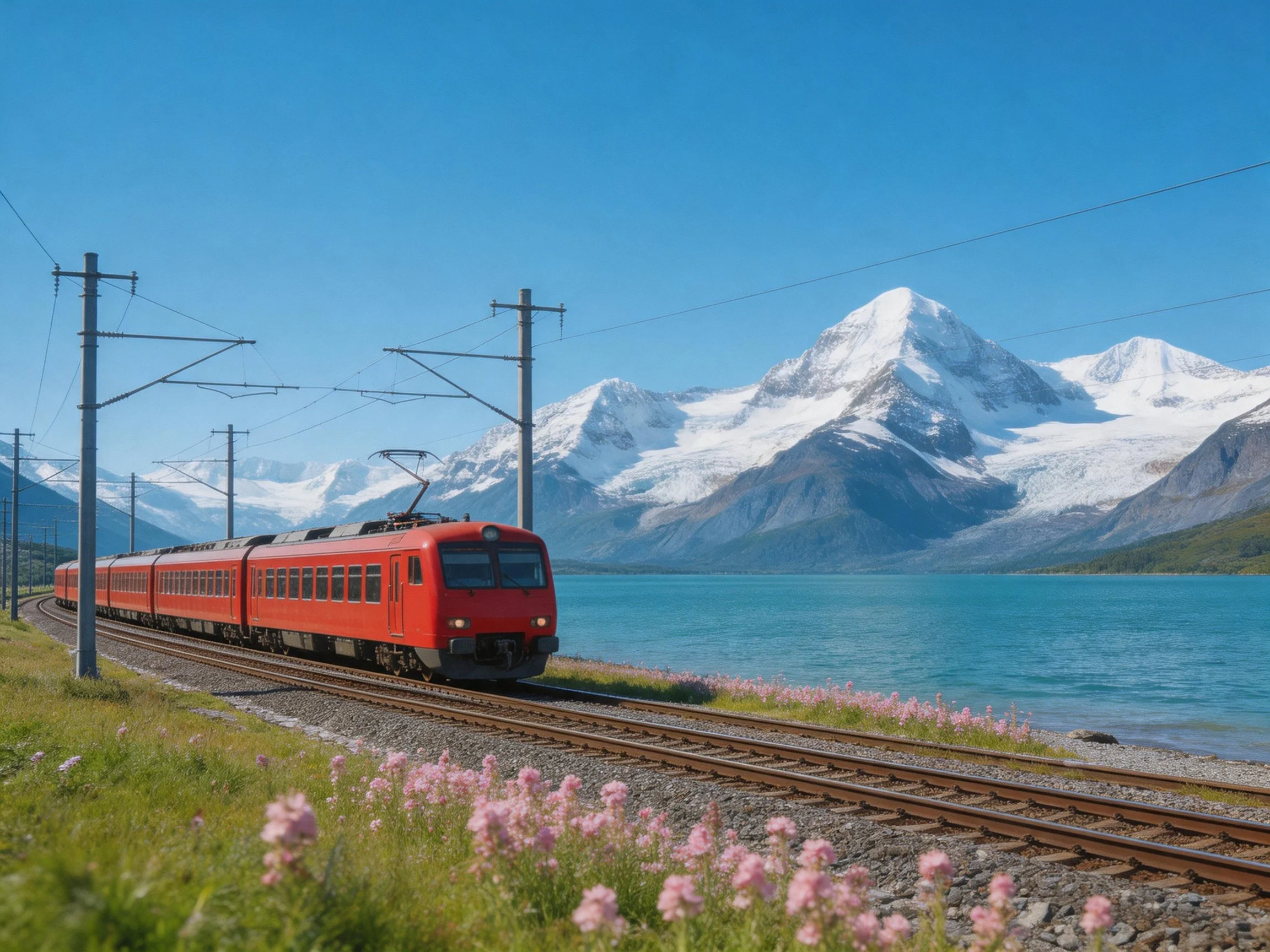 Red passenger train on tracks by turquoise lake with snow - capped mountains