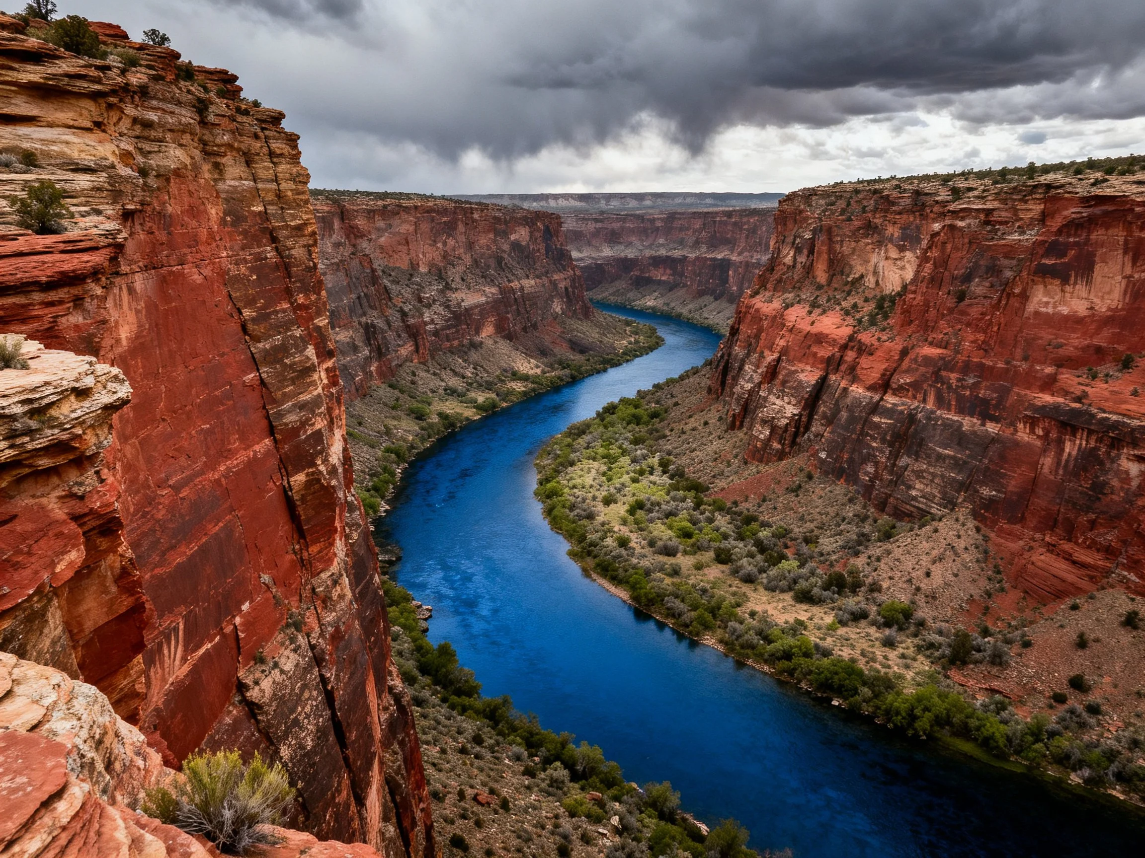 Red rock canyon with winding blue river under stormy sky