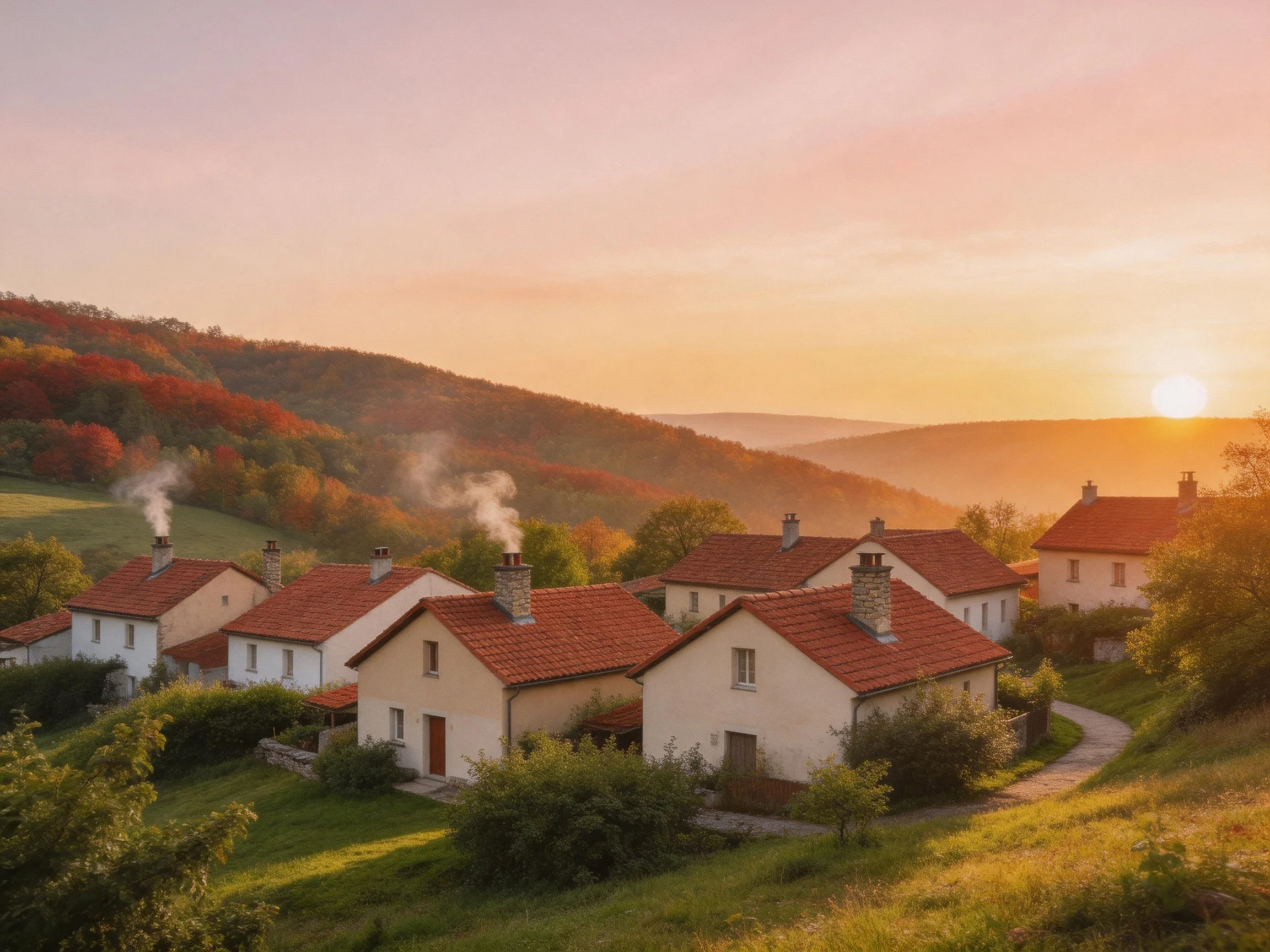 Red-roofed Village Homes Among Autumn Hills at Sunset