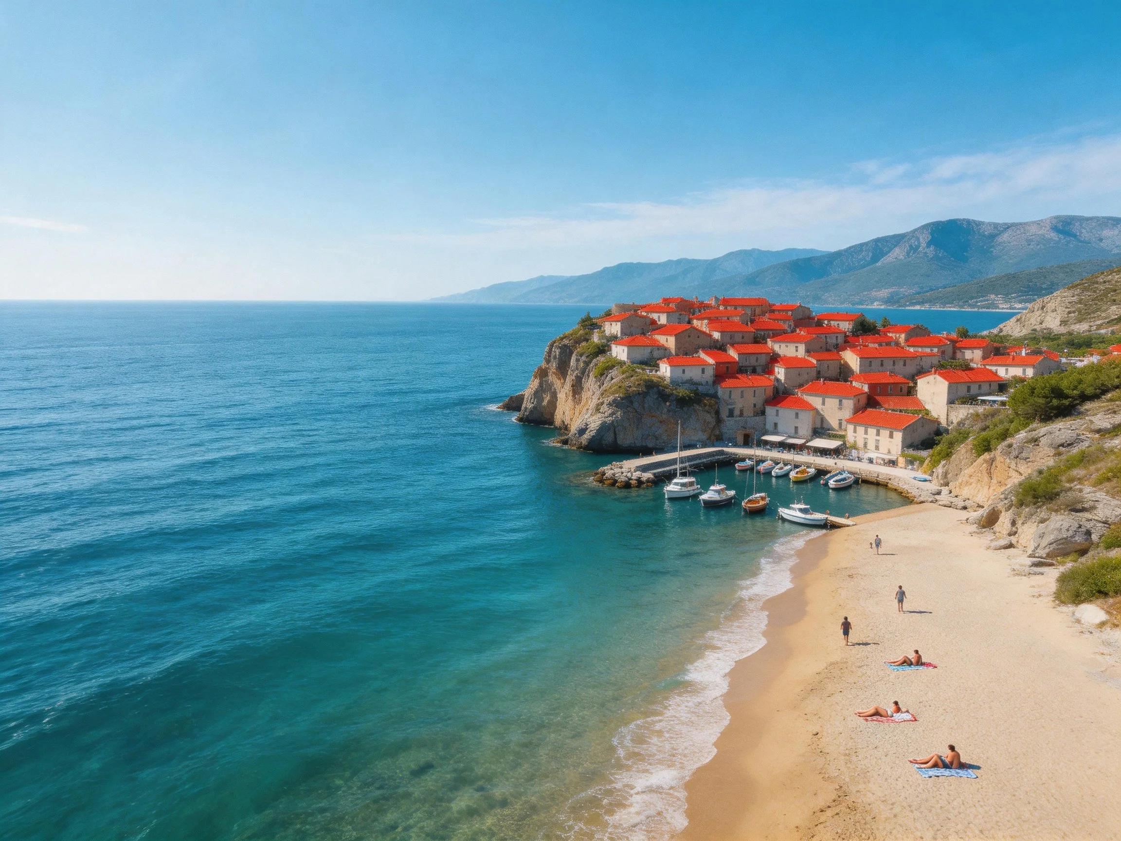 Red-roofed coastal village overlooks turquoise waters and sandy beach