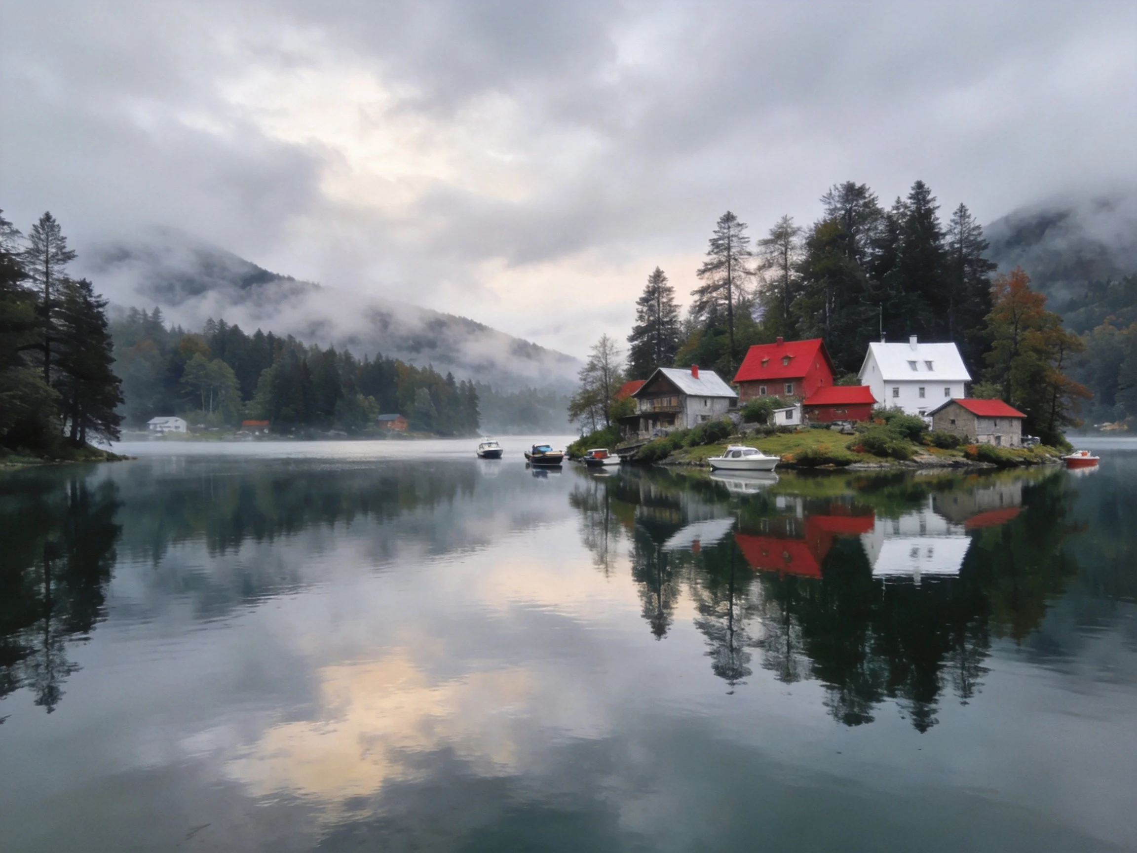 Red-roofed cottages and white homes on a misty lakeshore island