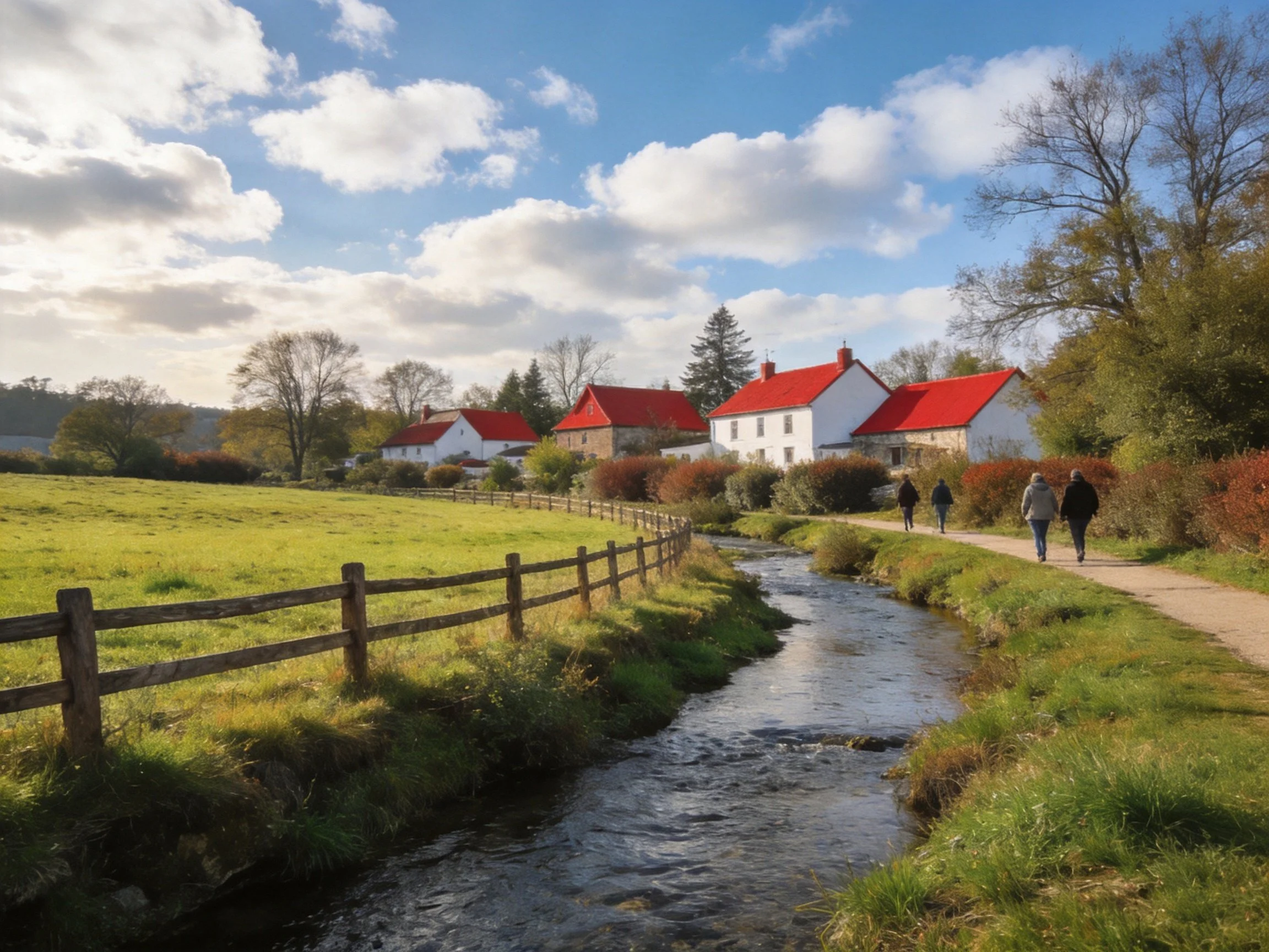 Red-roofed cottages beside a meandering stream with walkers
