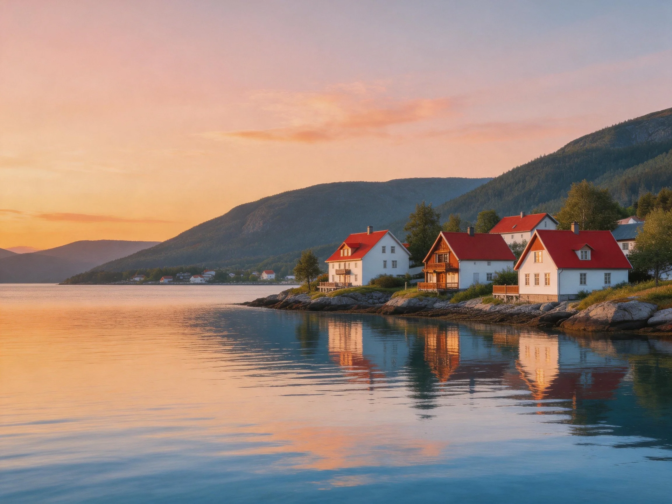 Red-roofed cottages sit peacefully along calm waters beside mountains at sunset