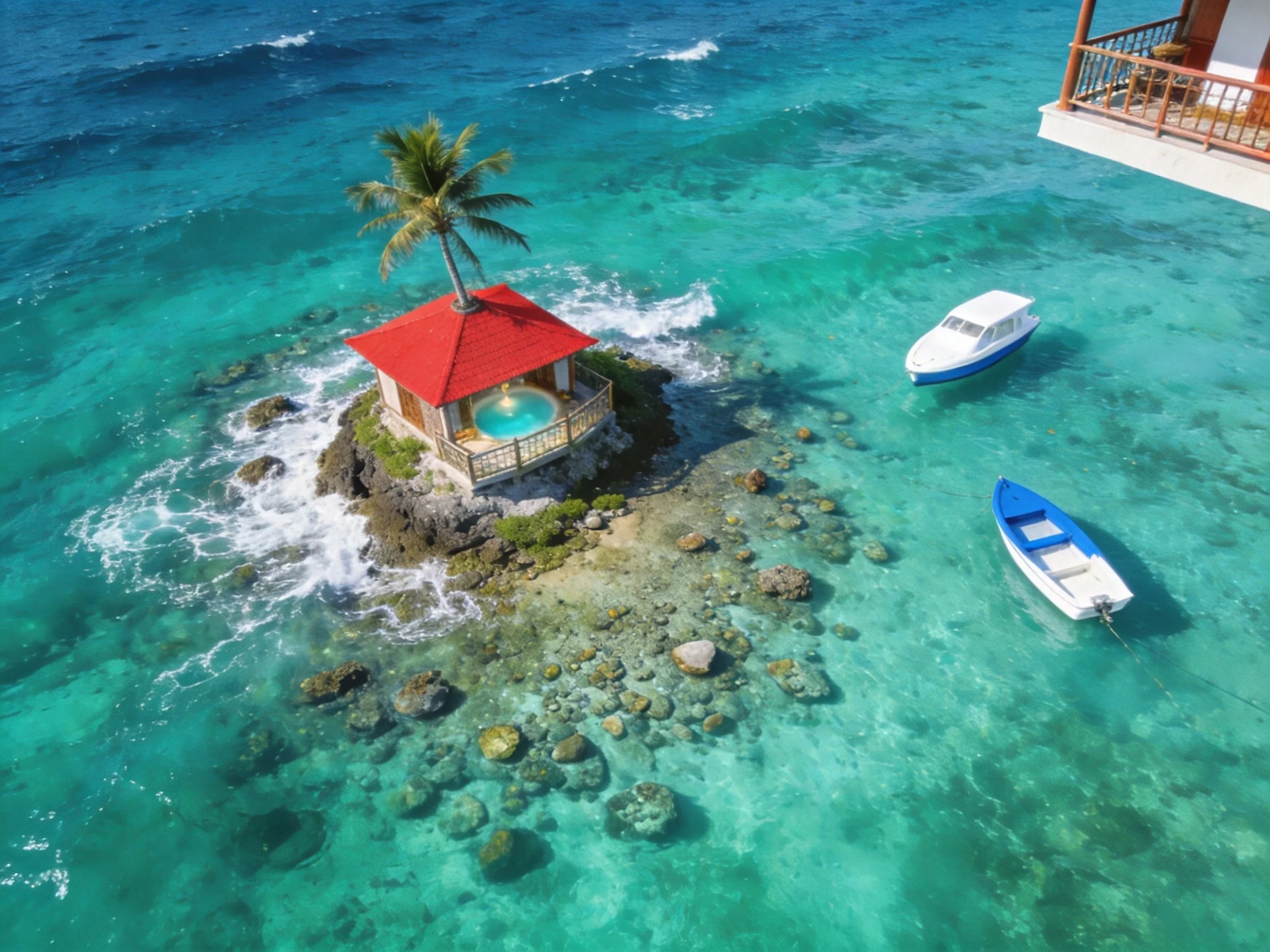 Red-roofed gazebo island with palm tree, turquoise waters, two boats
