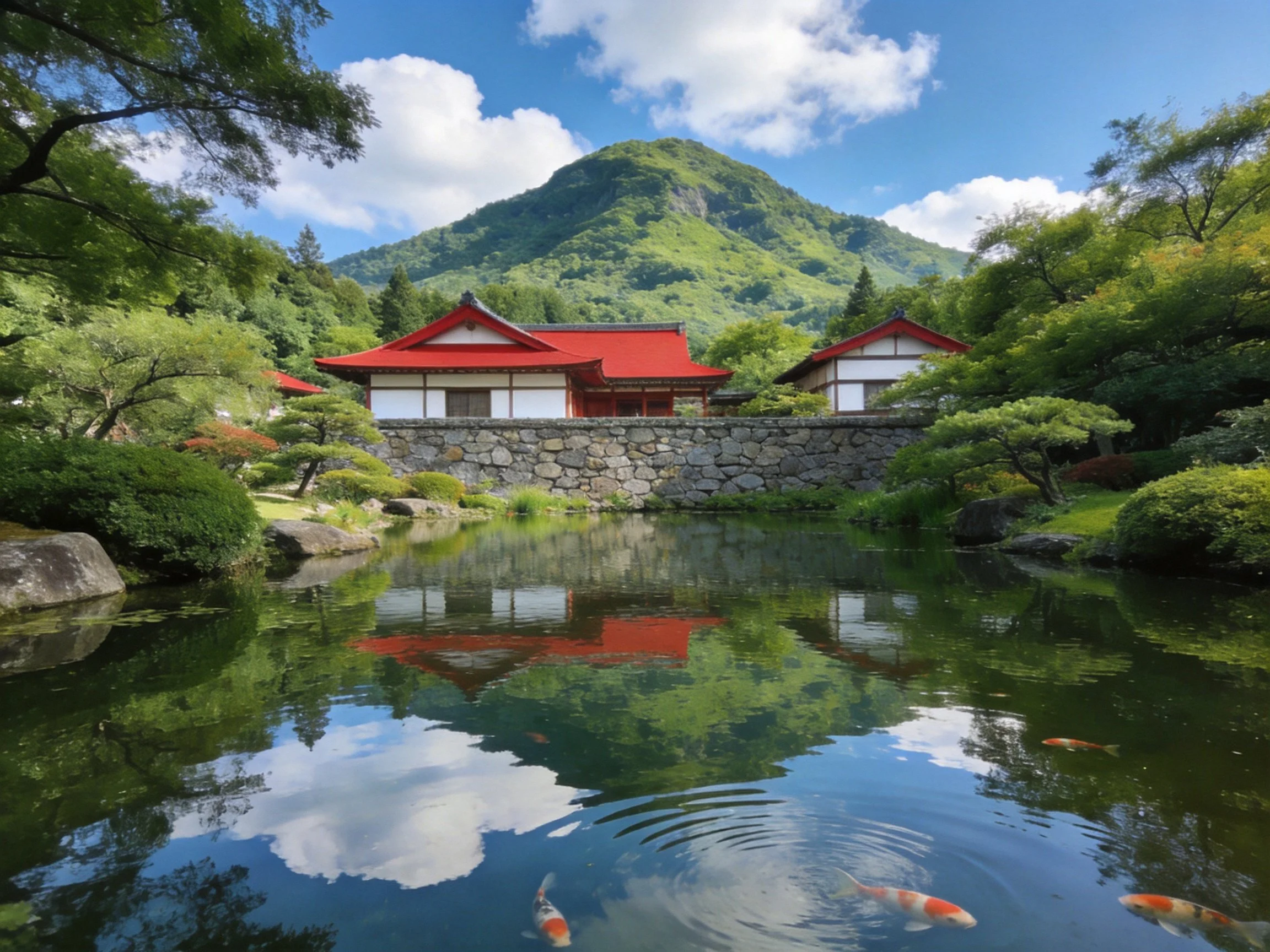 Red-roofed traditional homes beside a koi-filled pond under a mountain