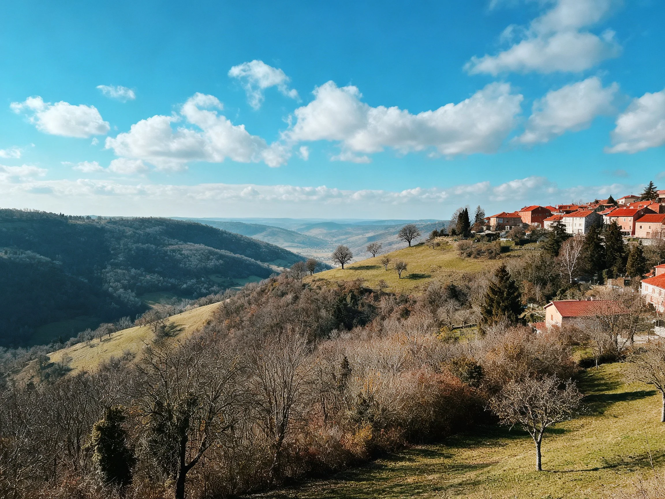 Red-roofed village atop hilly terrain with forested valleys