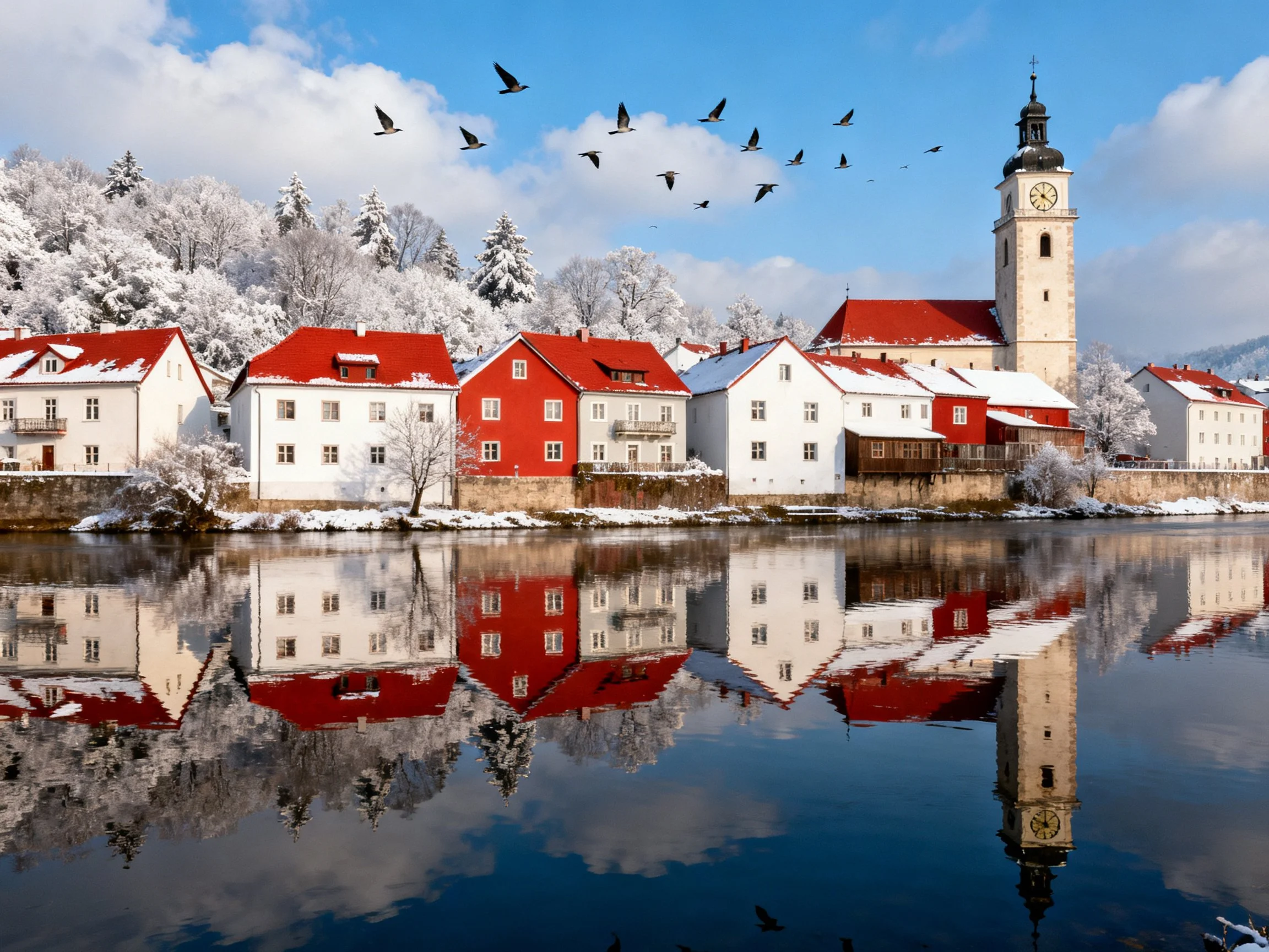 Red-roofed village houses reflected in snowy winter river scene