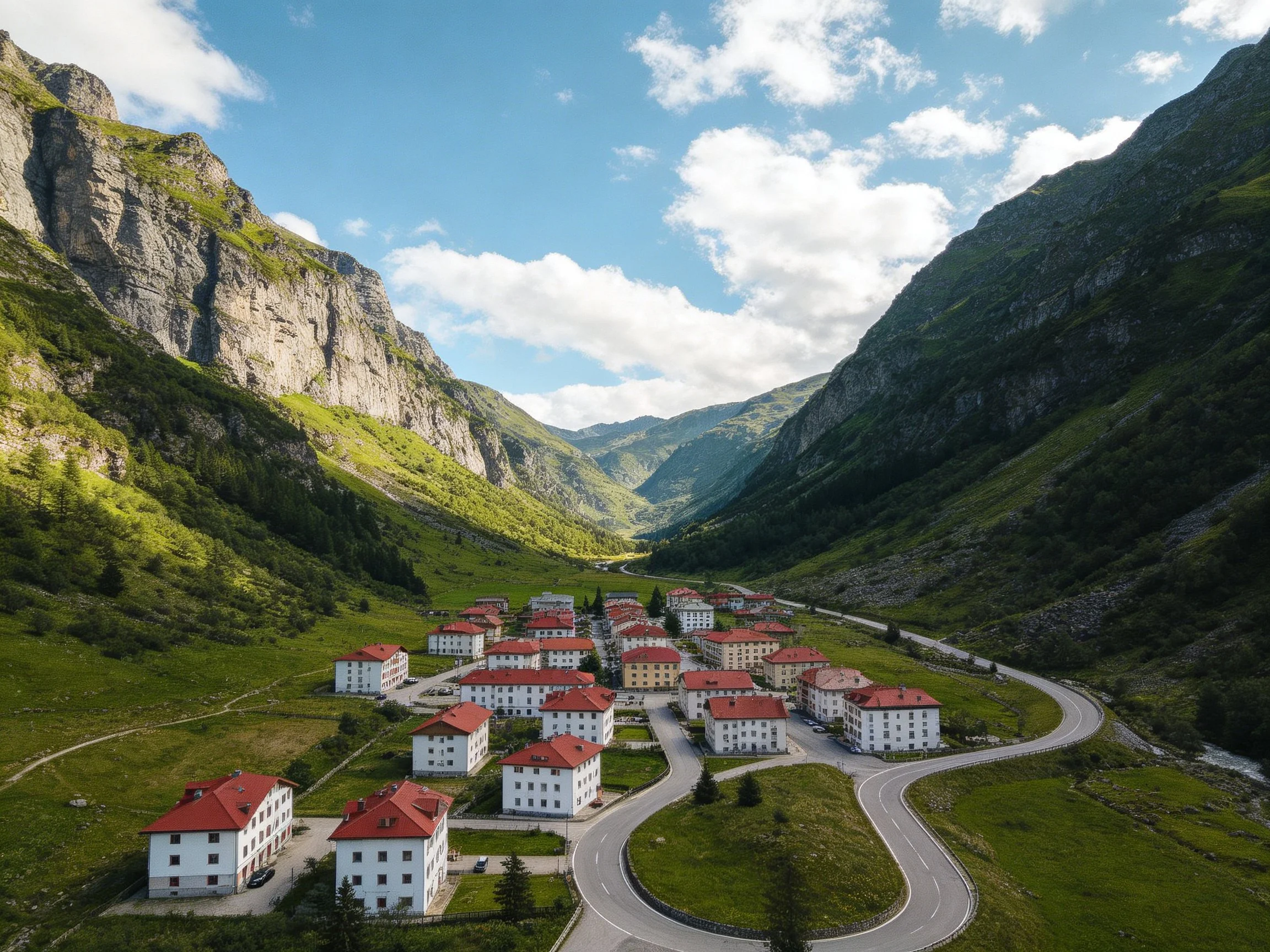 Red-roofed white buildings cluster in a green mountain valley