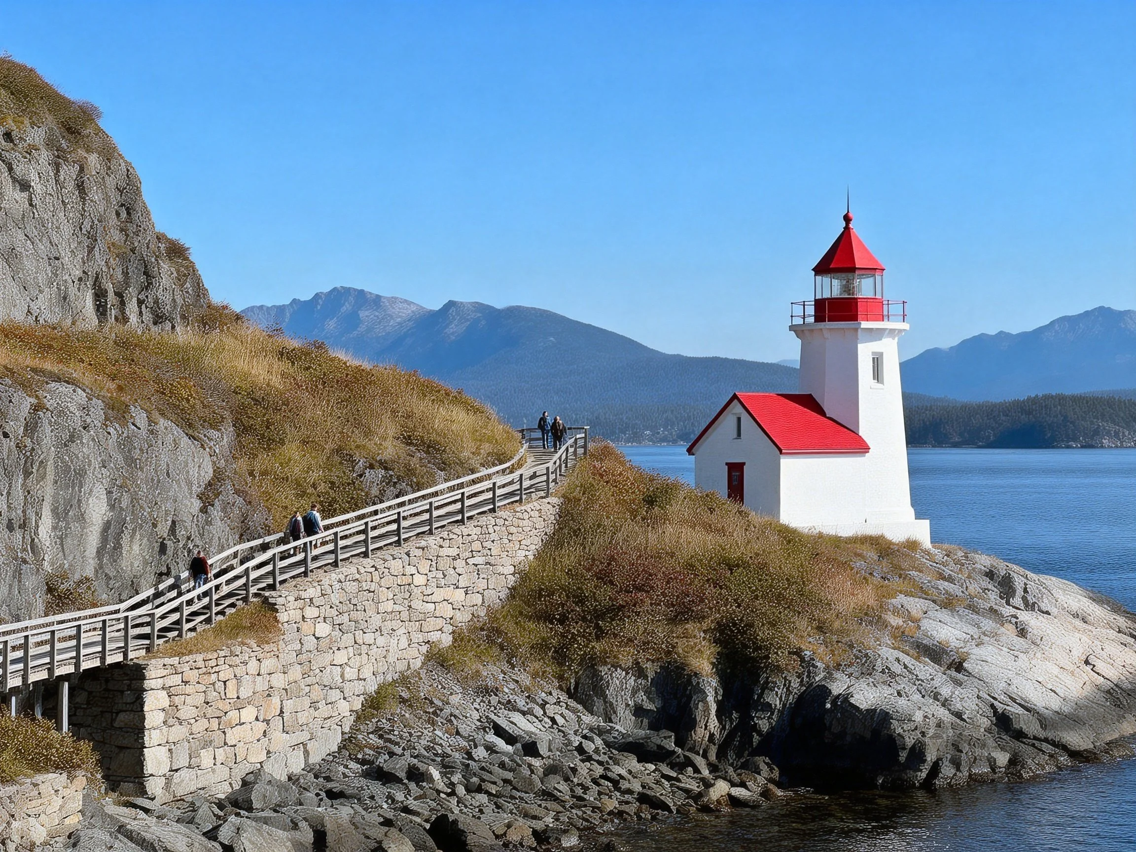 Red-roofed white lighthouse on rocky coastal outcrop near mountains