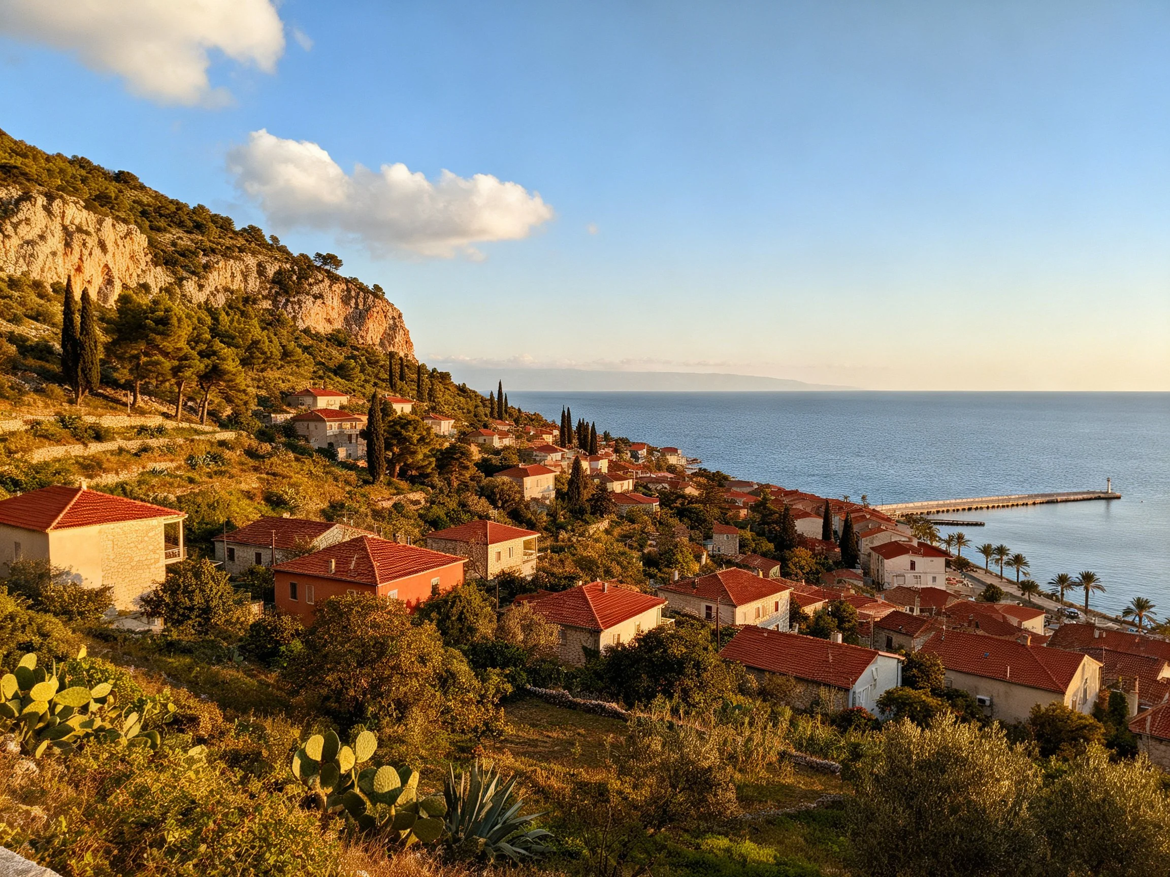 Red-tiled village nestled against rocky cliffs by serene blue sea