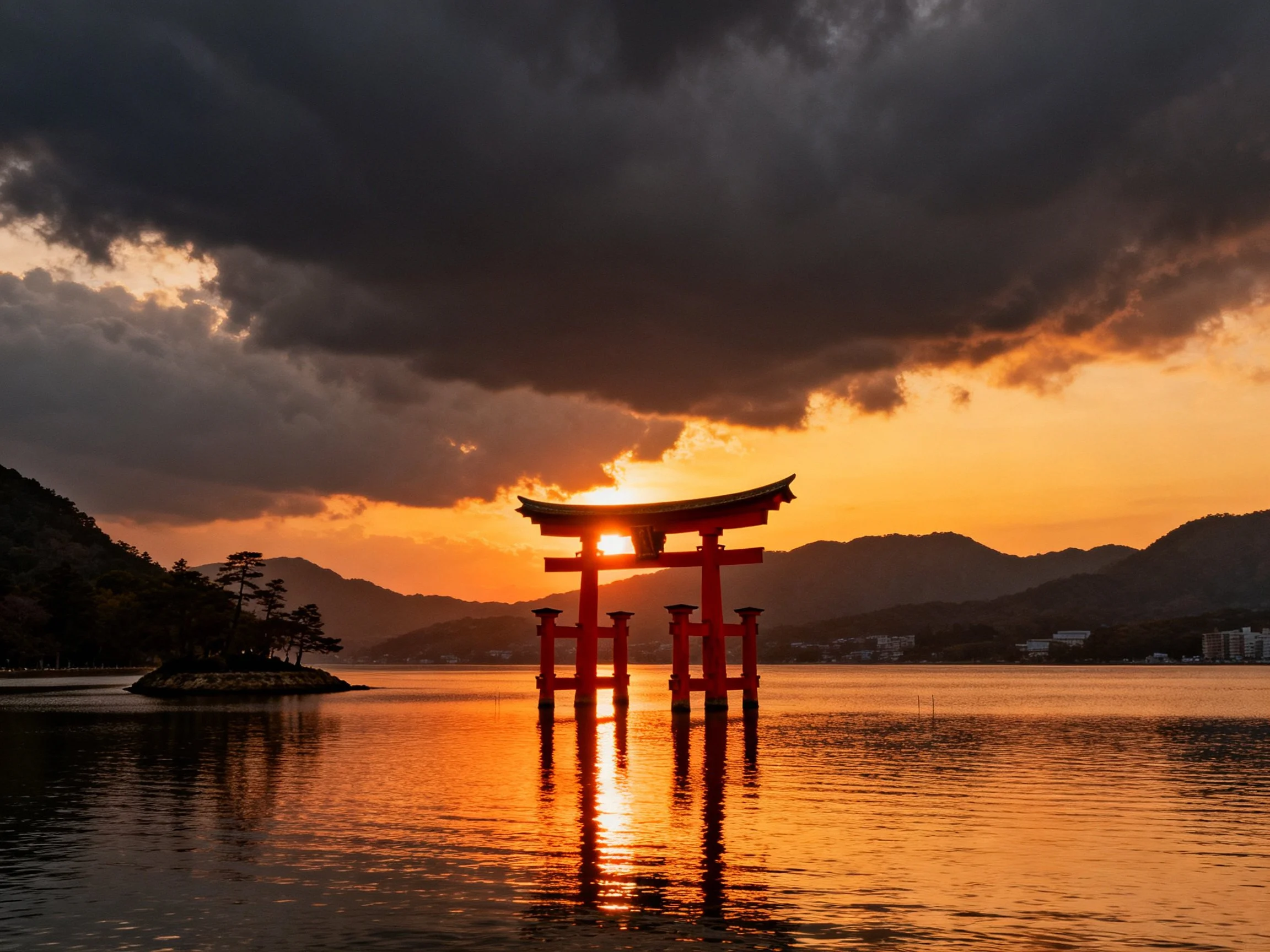 Red torii gate stands in calm waters under dramatic sunset sky