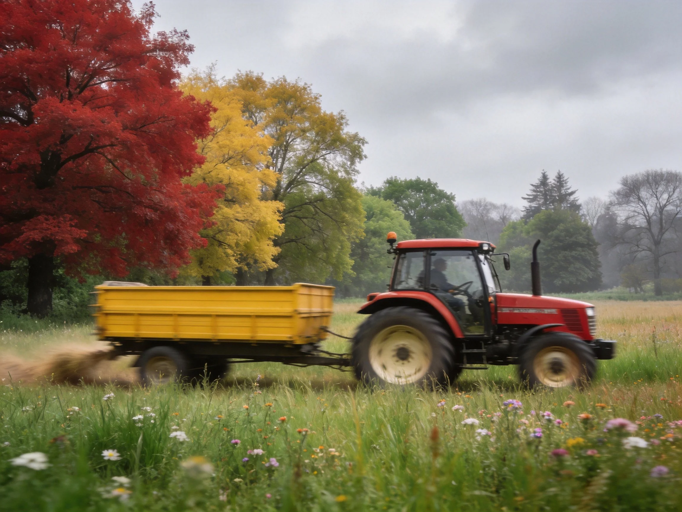 Red tractor towing yellow trailer near vibrant autumn trees