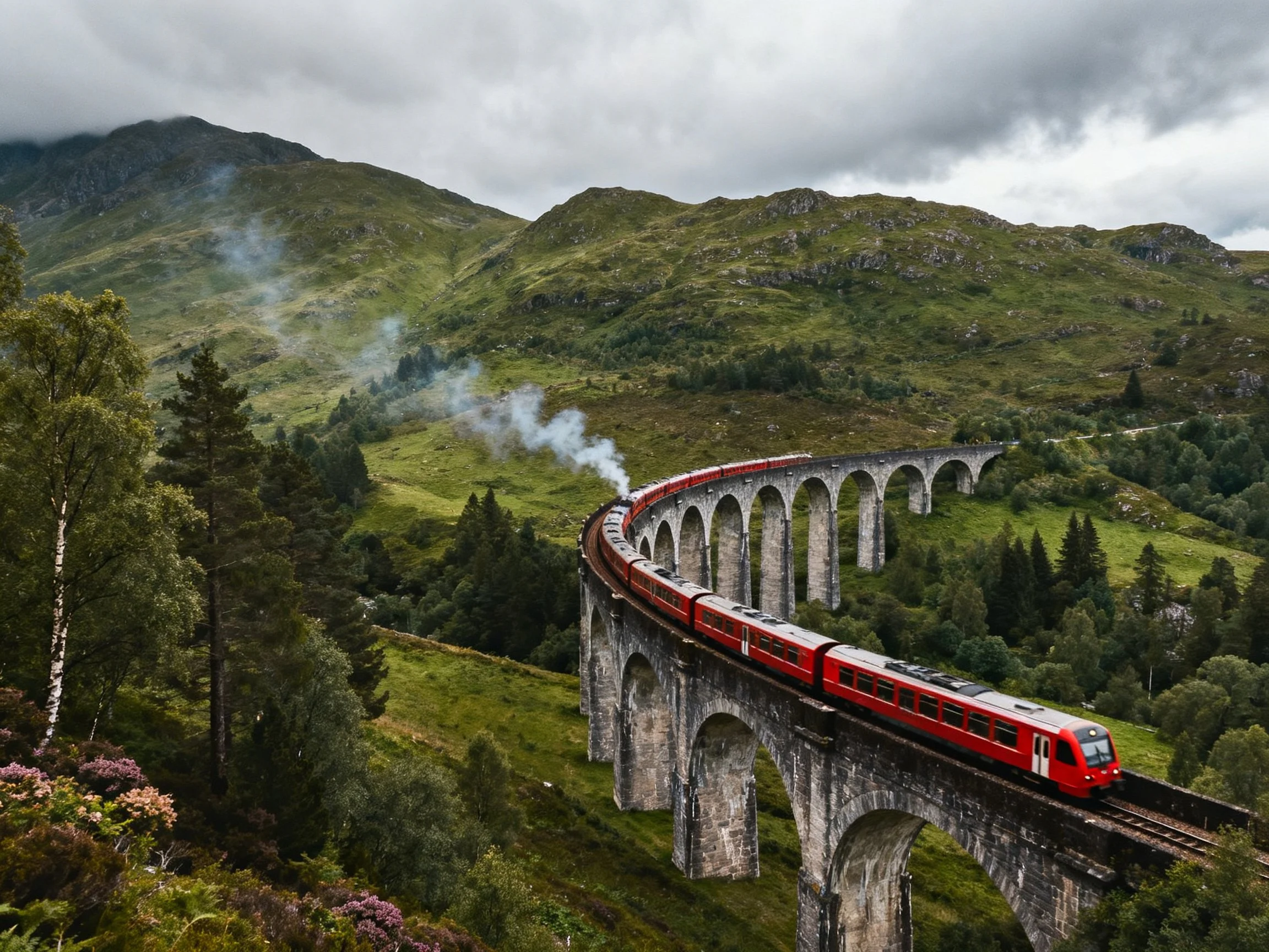 Red train crosses historic stone viaduct over rolling green hills