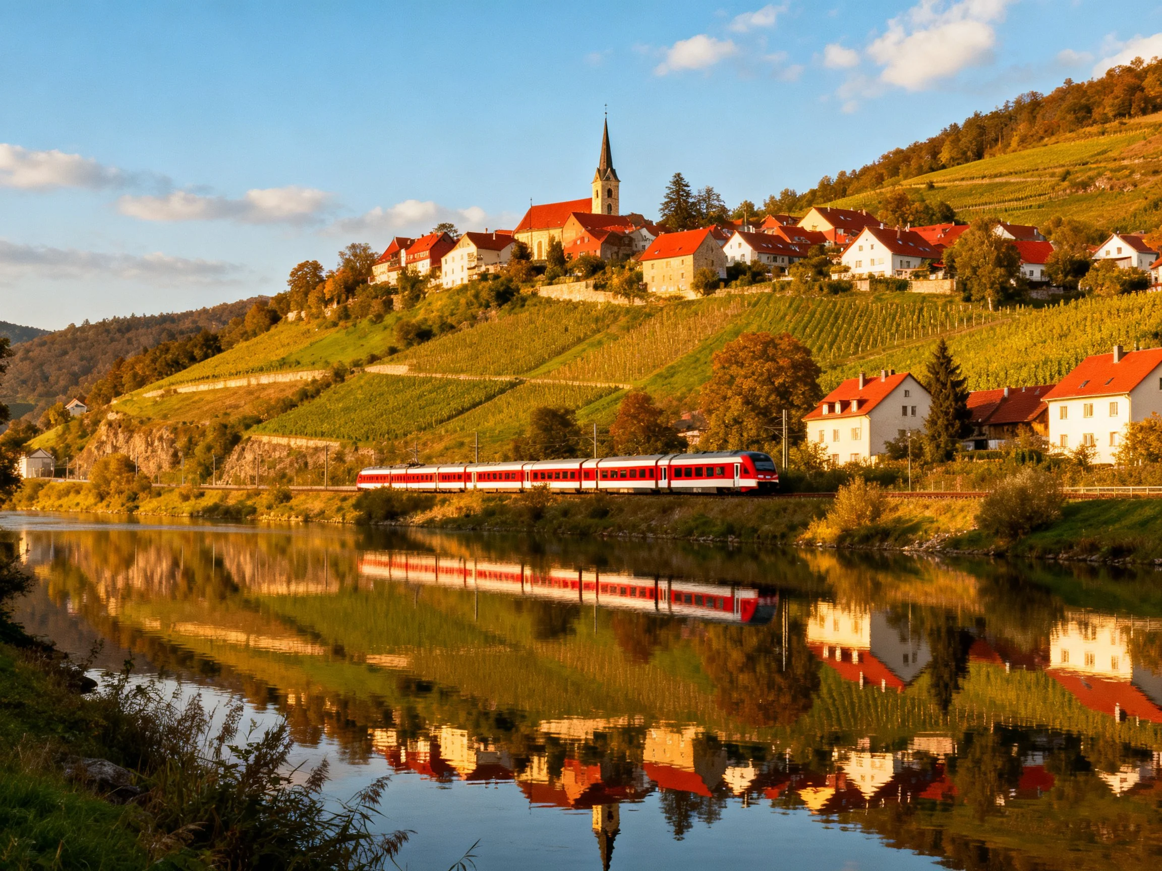 Red train travels past hillside village with vineyards and water reflections