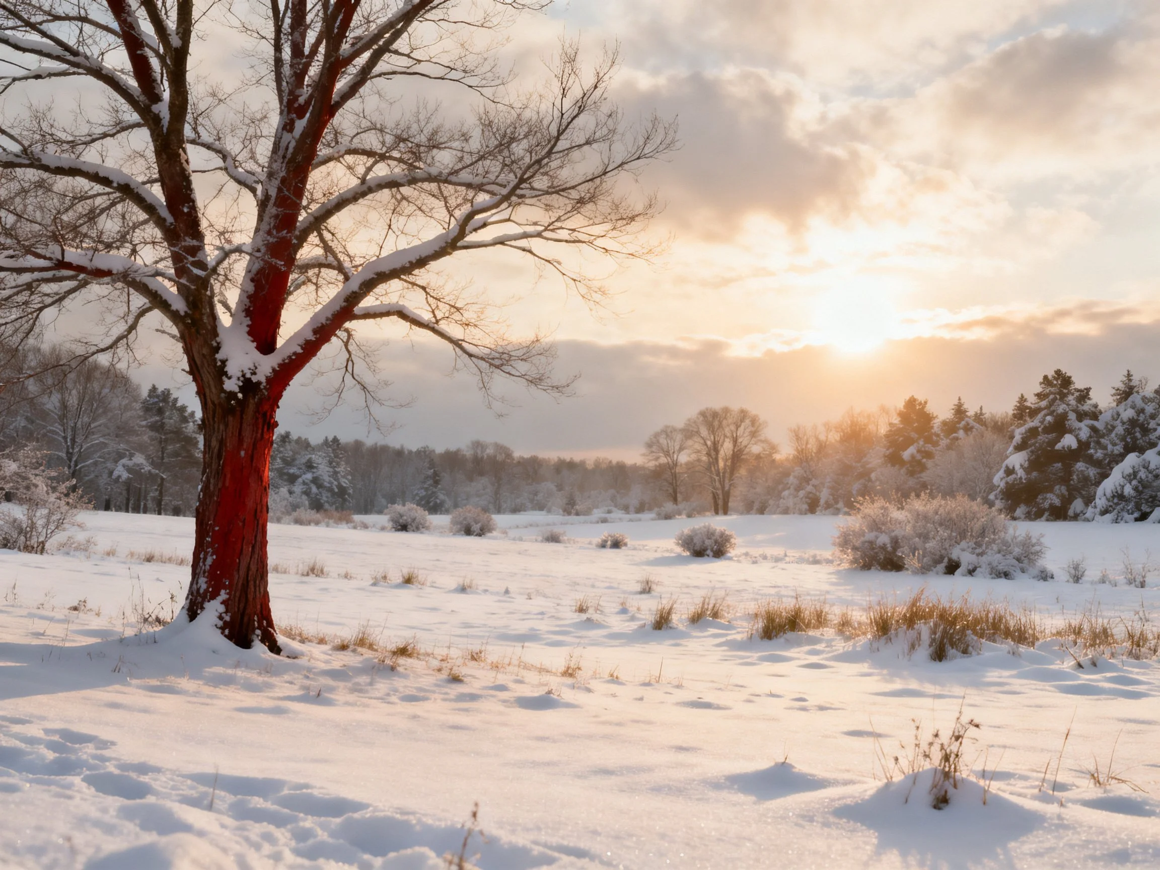 Red-trunked tree in snowy field under golden sunlight