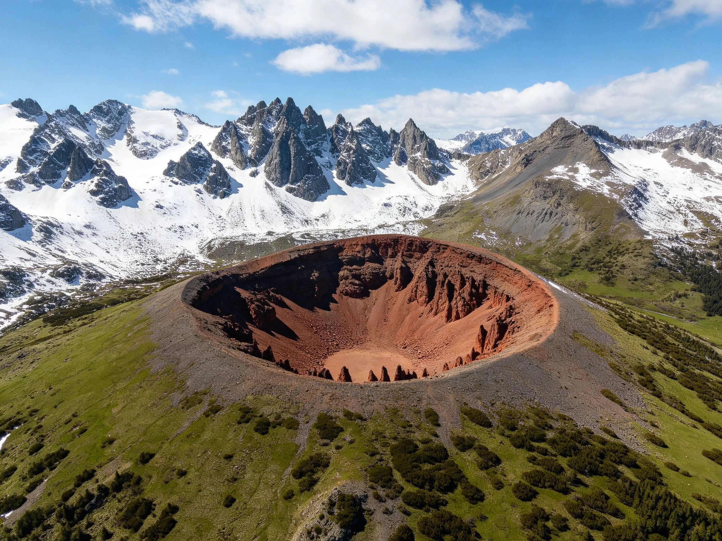 Red volcanic crater surrounded by snowy mountain peaks