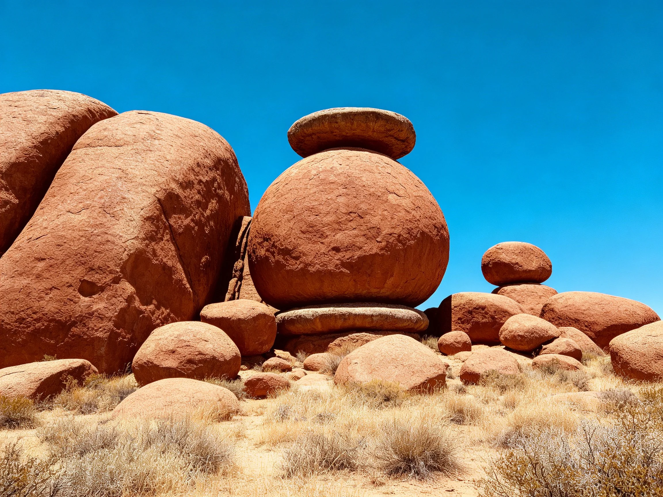 Reddish rock formations in arid terrain with vivid blue sky