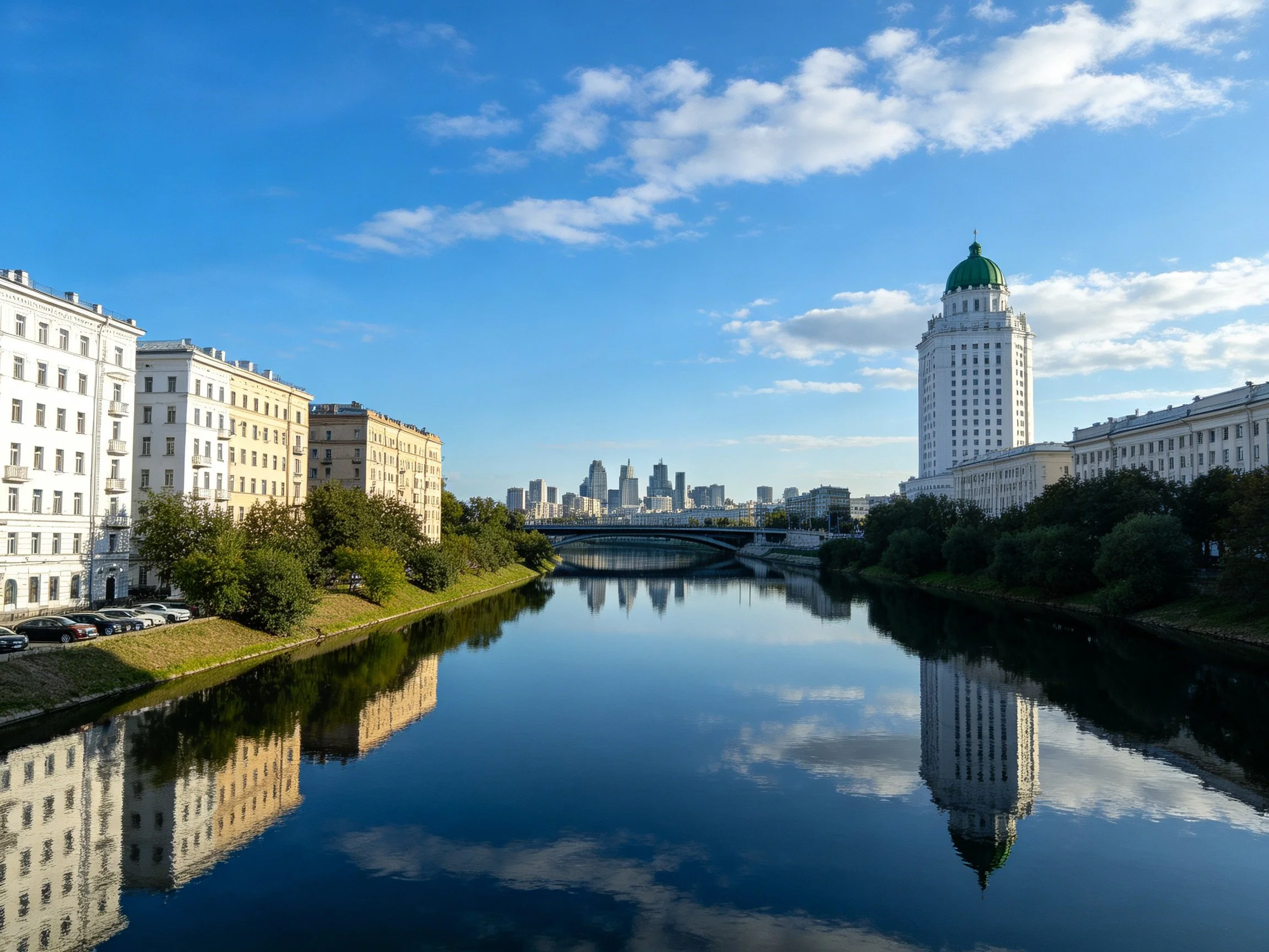 Reflective River With White Buildings and Green-Domed Tower