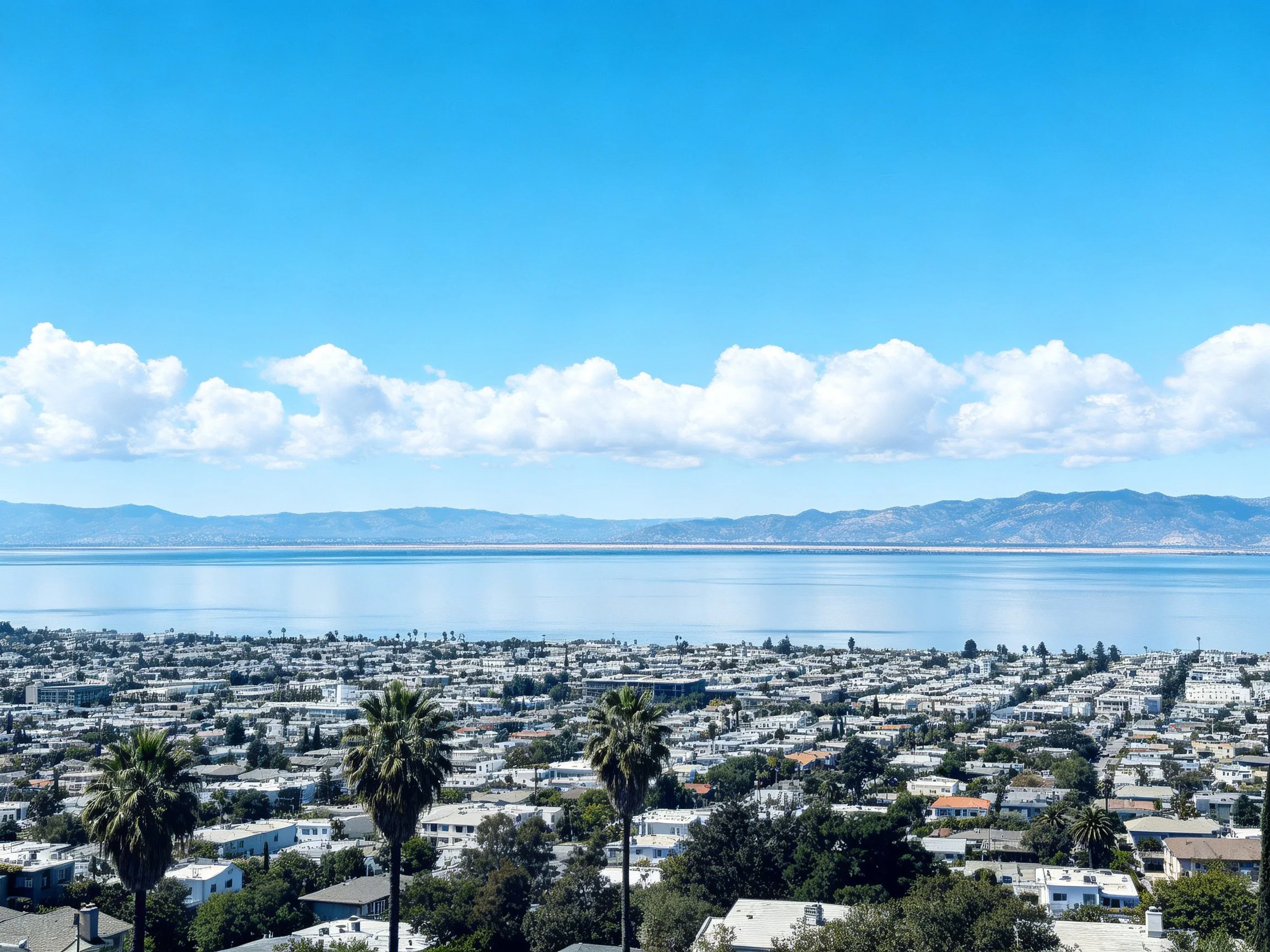 Residential area by large bay with palm trees and mountain horizon.
