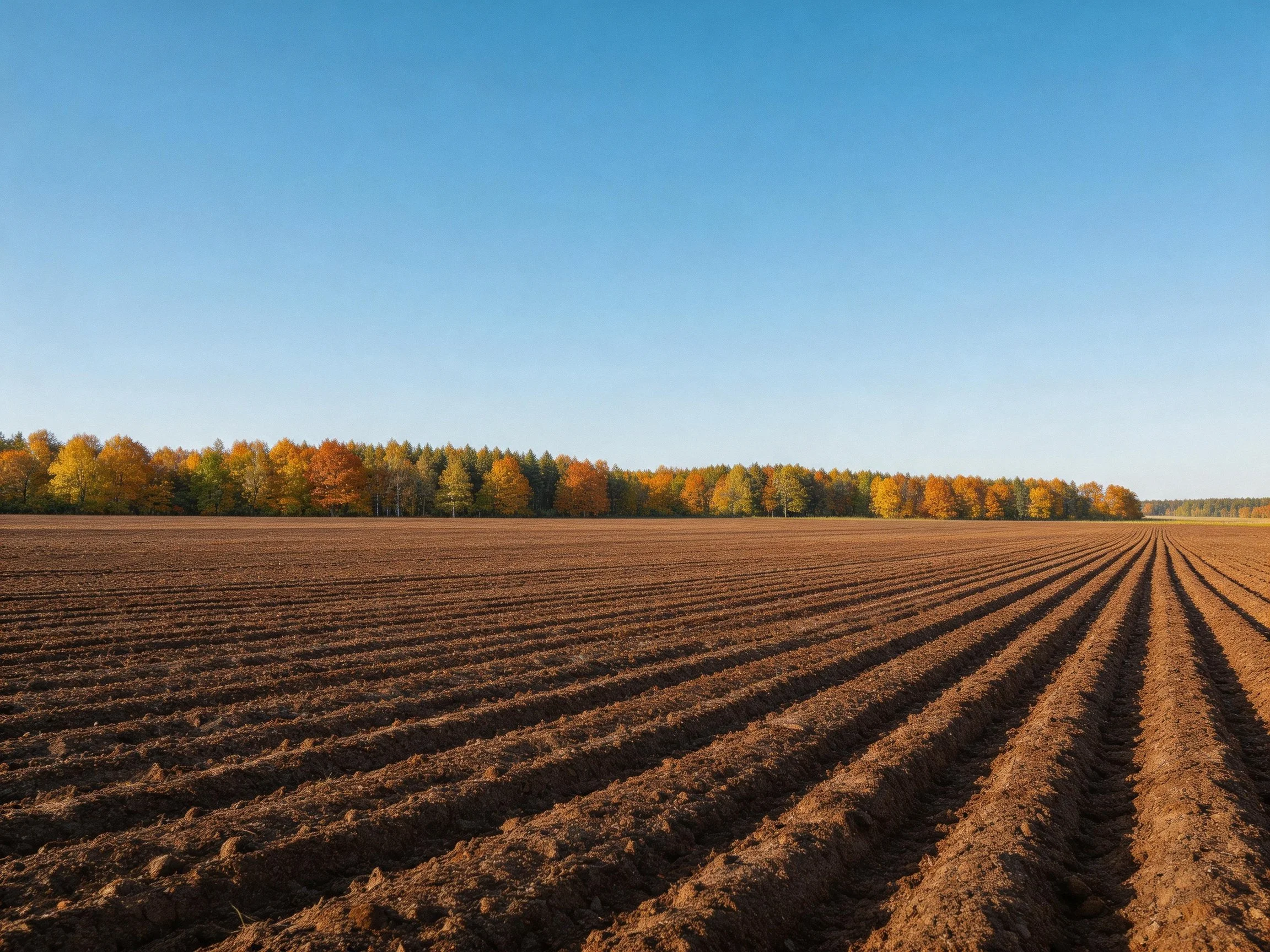 Rich brown plowed field leads to autumn forest under clear blue sky