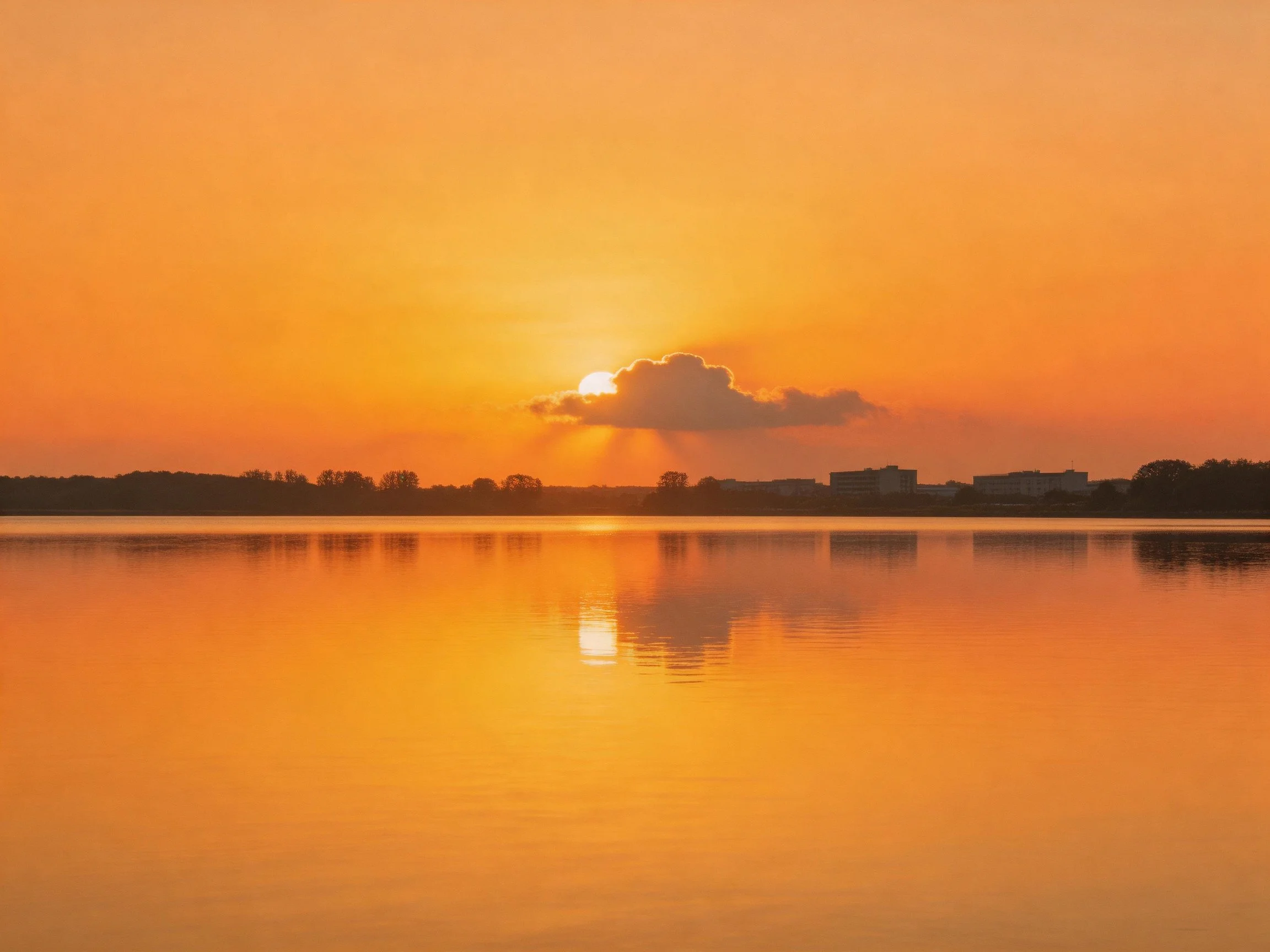 Rich orange sunset reflects on calm water with silhouetted horizon