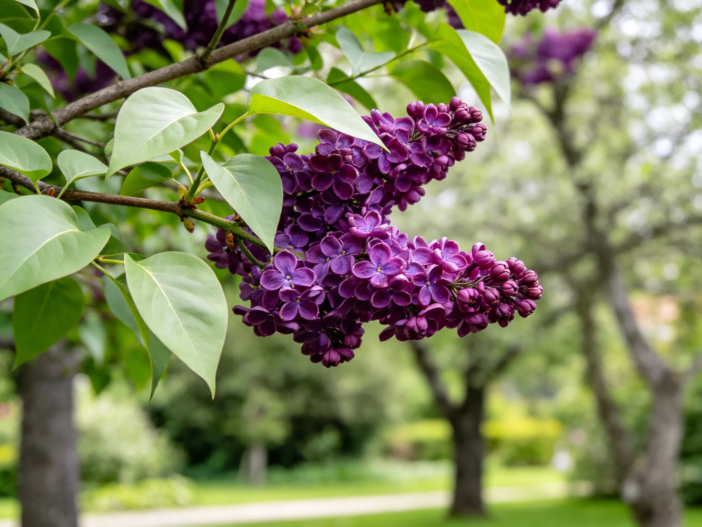 Rich purple lilac blooms cluster on branches with green leaves in a serene park.