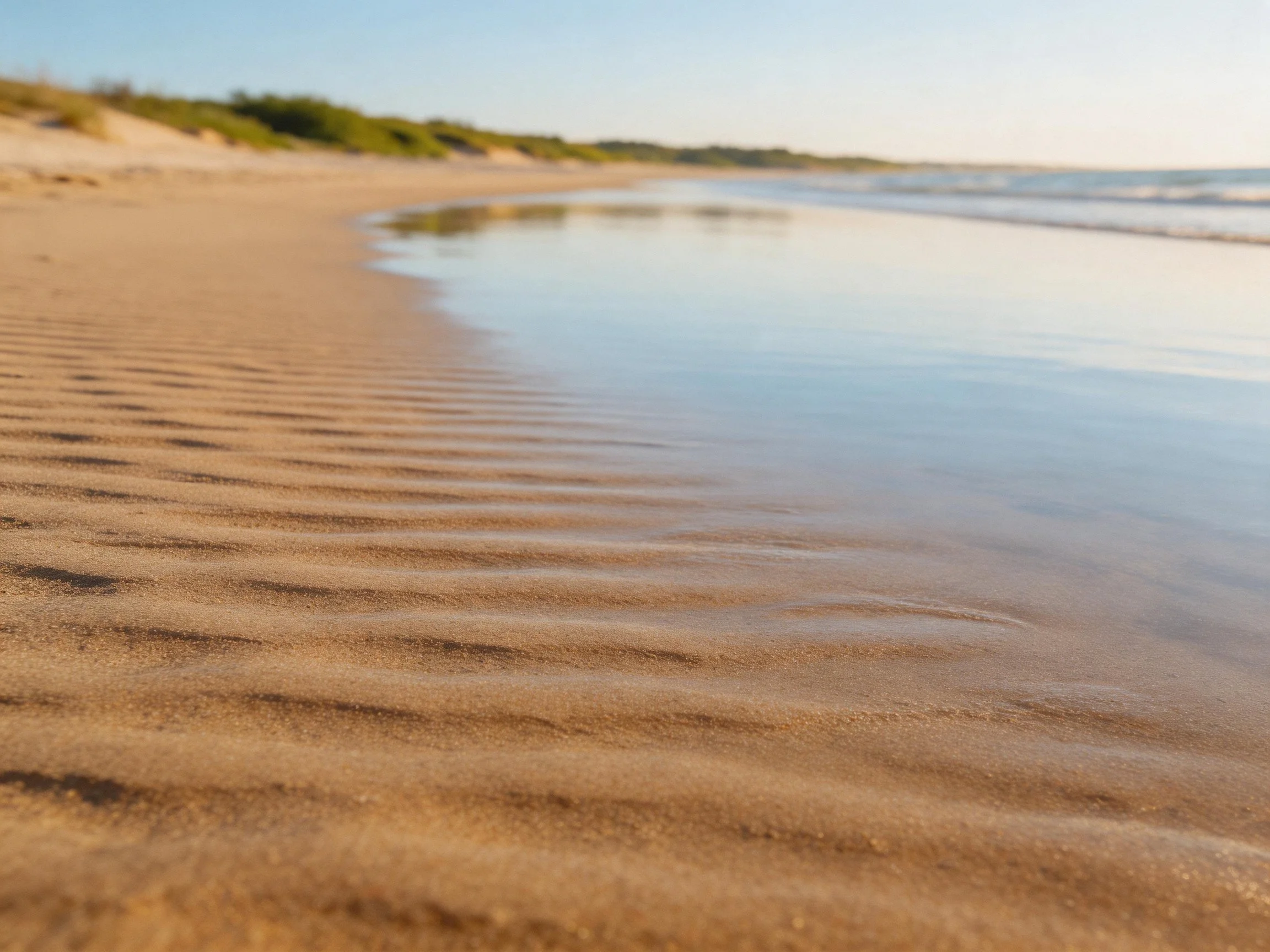 Rippled golden sand meets calm blue water at a quiet beach