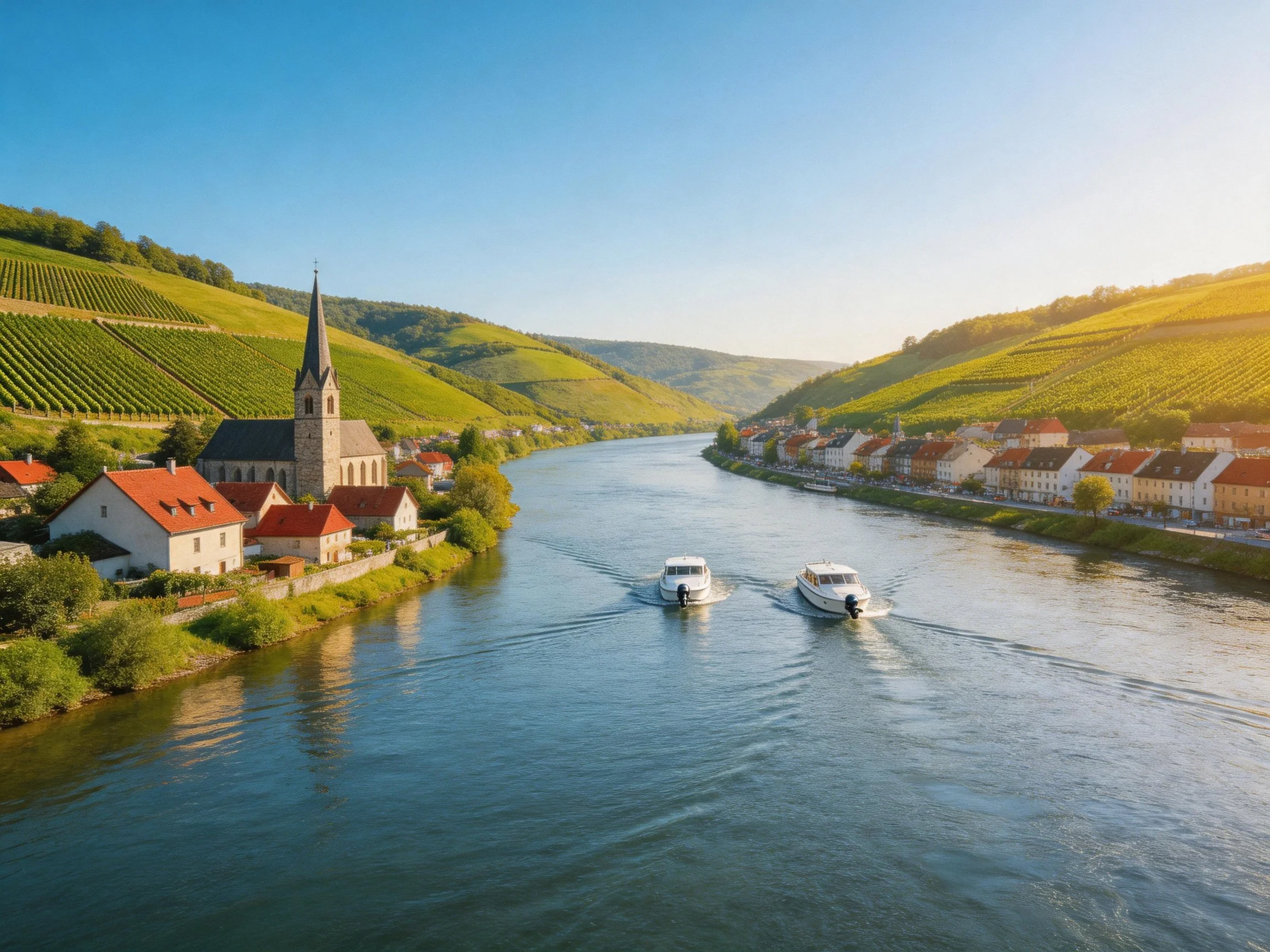 Riverboats glide along a river by a town with vineyard hills