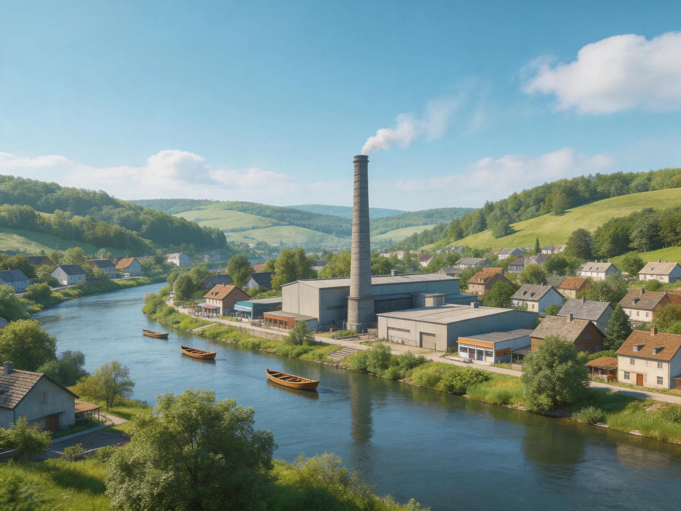 Riverside Town With Industrial Complex Near Lush Green Hills