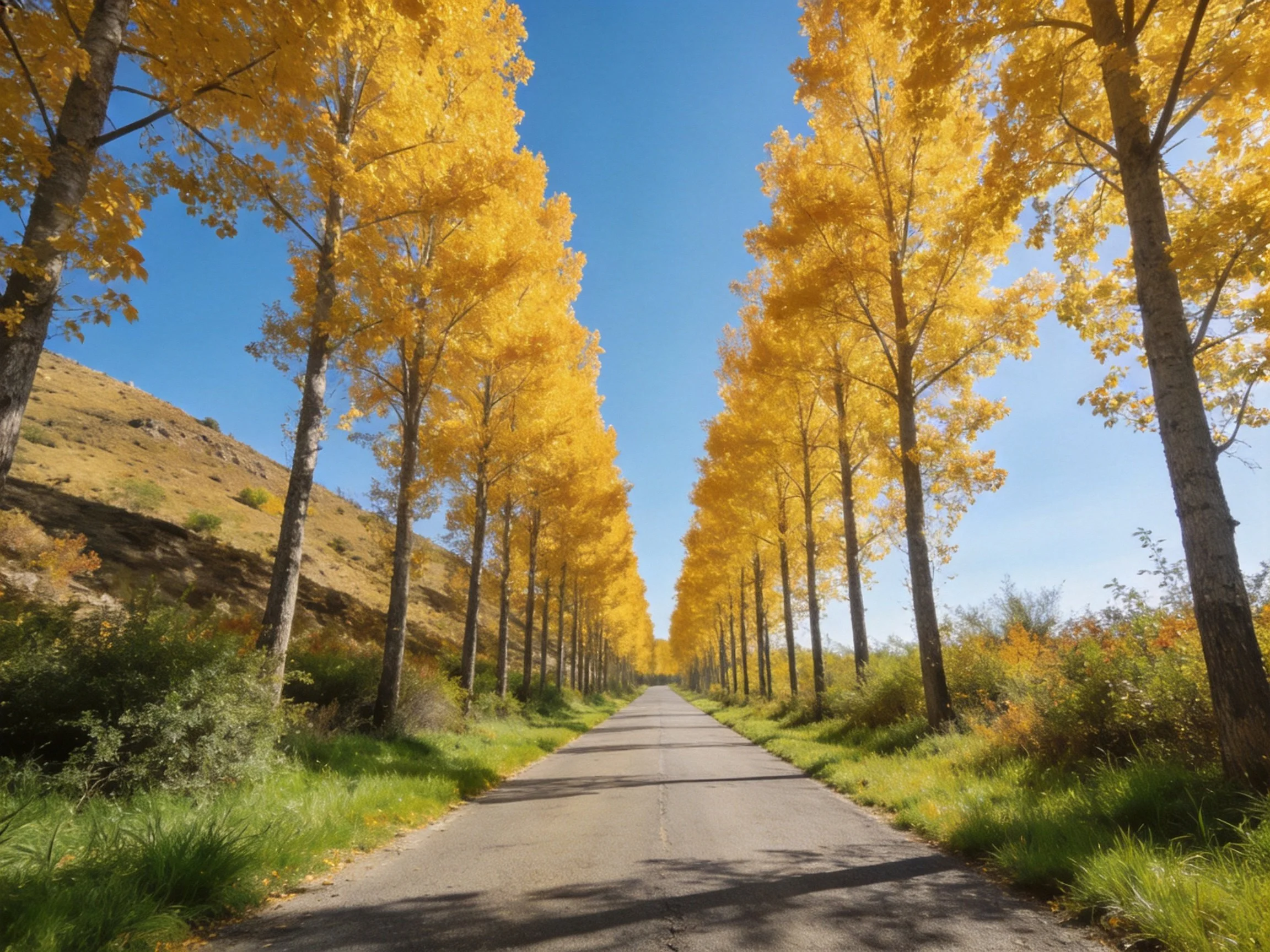 Road Lined by Golden Autumn Trees Under Clear Blue Sky