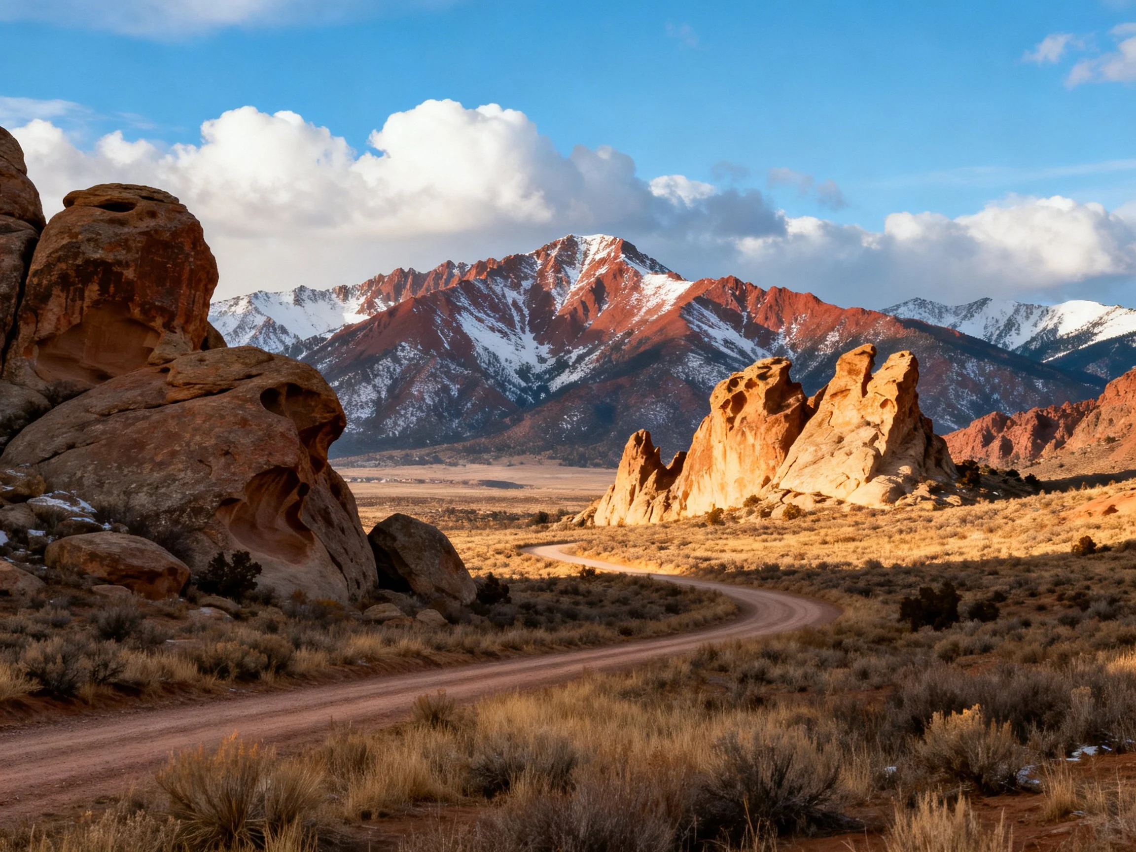 Rock formations, desert terrain, and snow-capped mountains under bright blue sky